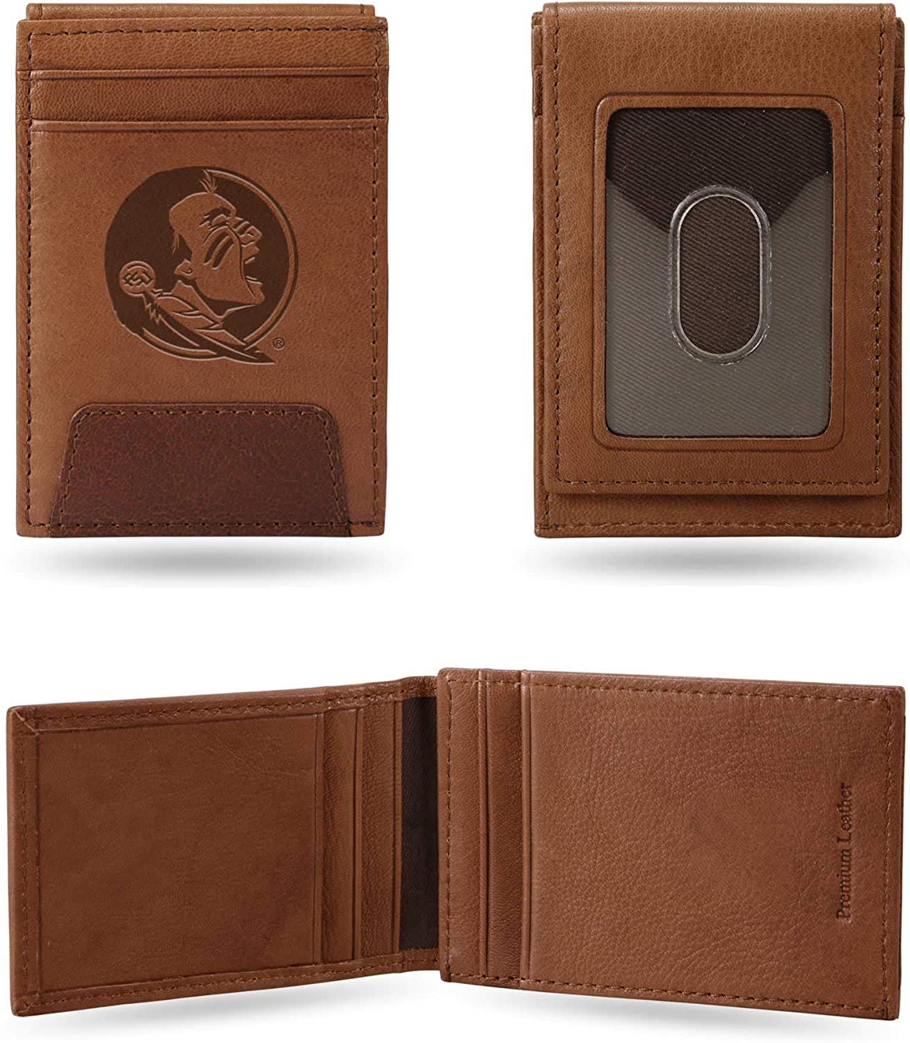 Florida State University Seminoles Premium Brown Leather Wallet, Front Pocket Magnetic Money Clip, Laser Engraved