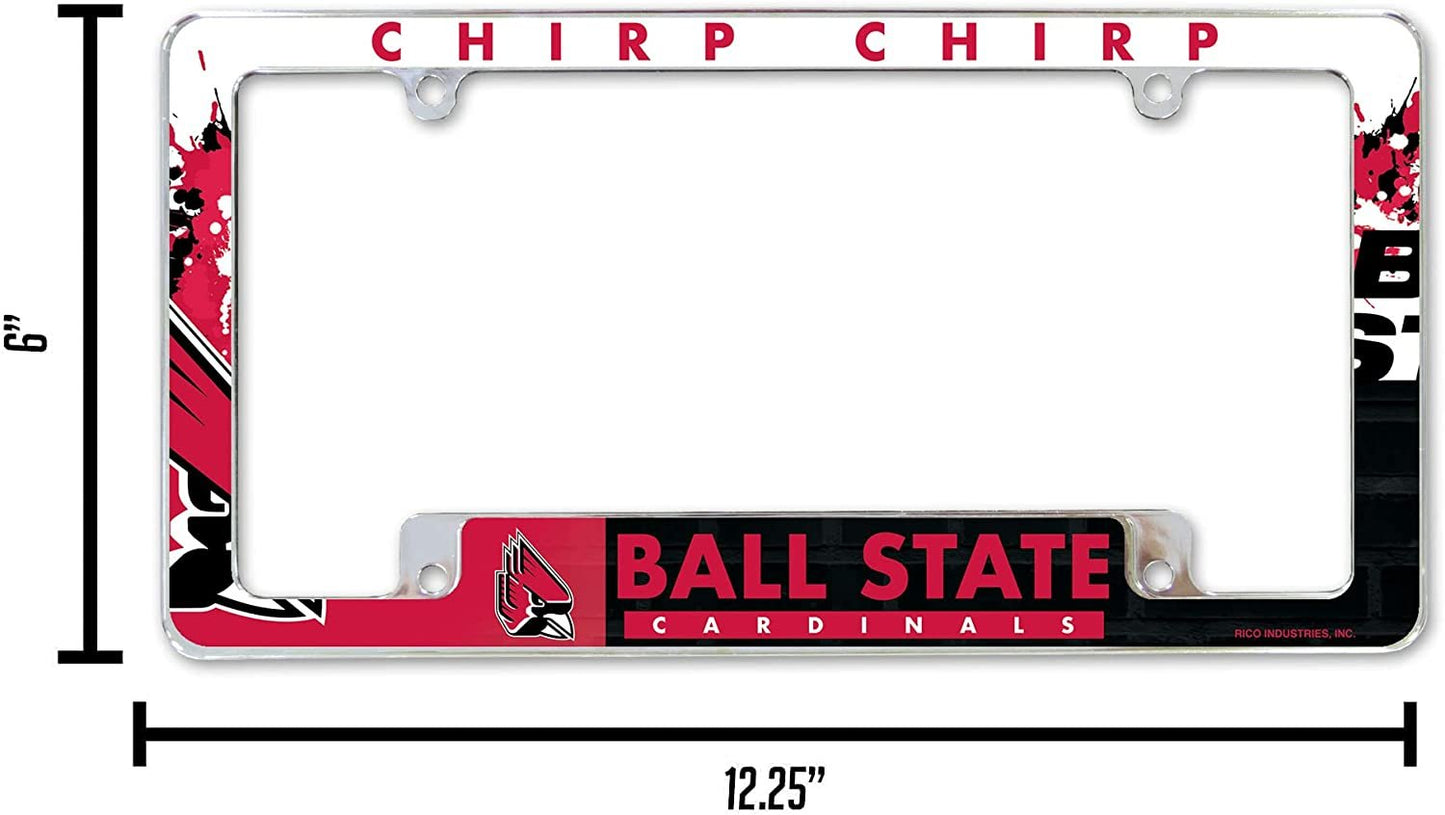Ball State University Cardinals Metal License Plate Frame Chrome Tag Cover 12x6 Inch All Over Design