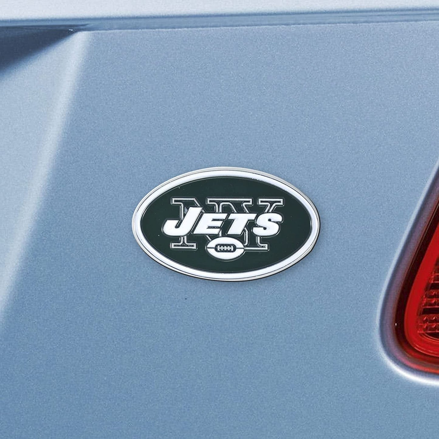 New York Jets Premium Solid Metal Raised Auto Emblem, Team Color, Shape Cut, Adhesive Backing