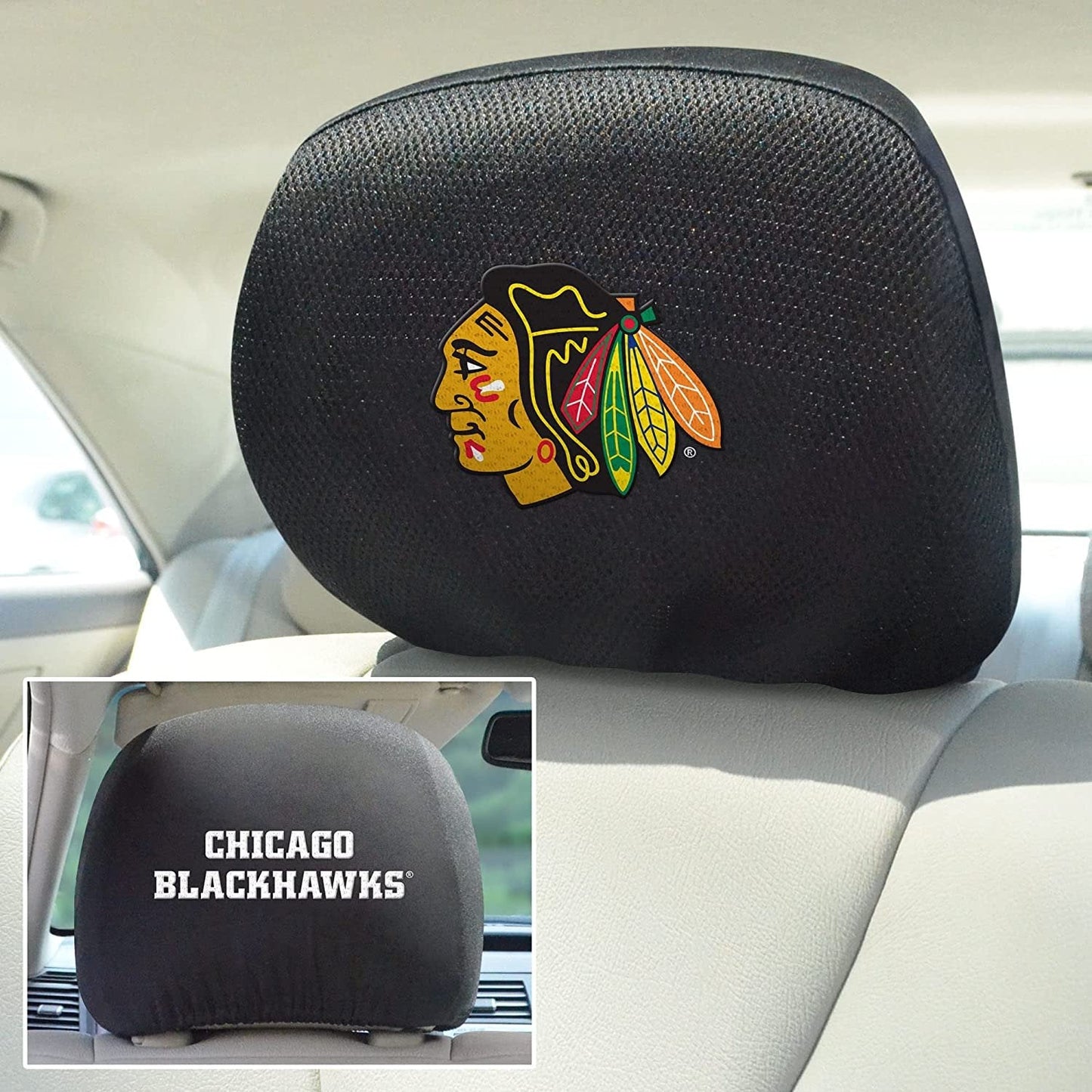 Chicago Blackhawks Premium Pair of Auto Head Rest Covers, Black, Elastic, 10x14 Inch