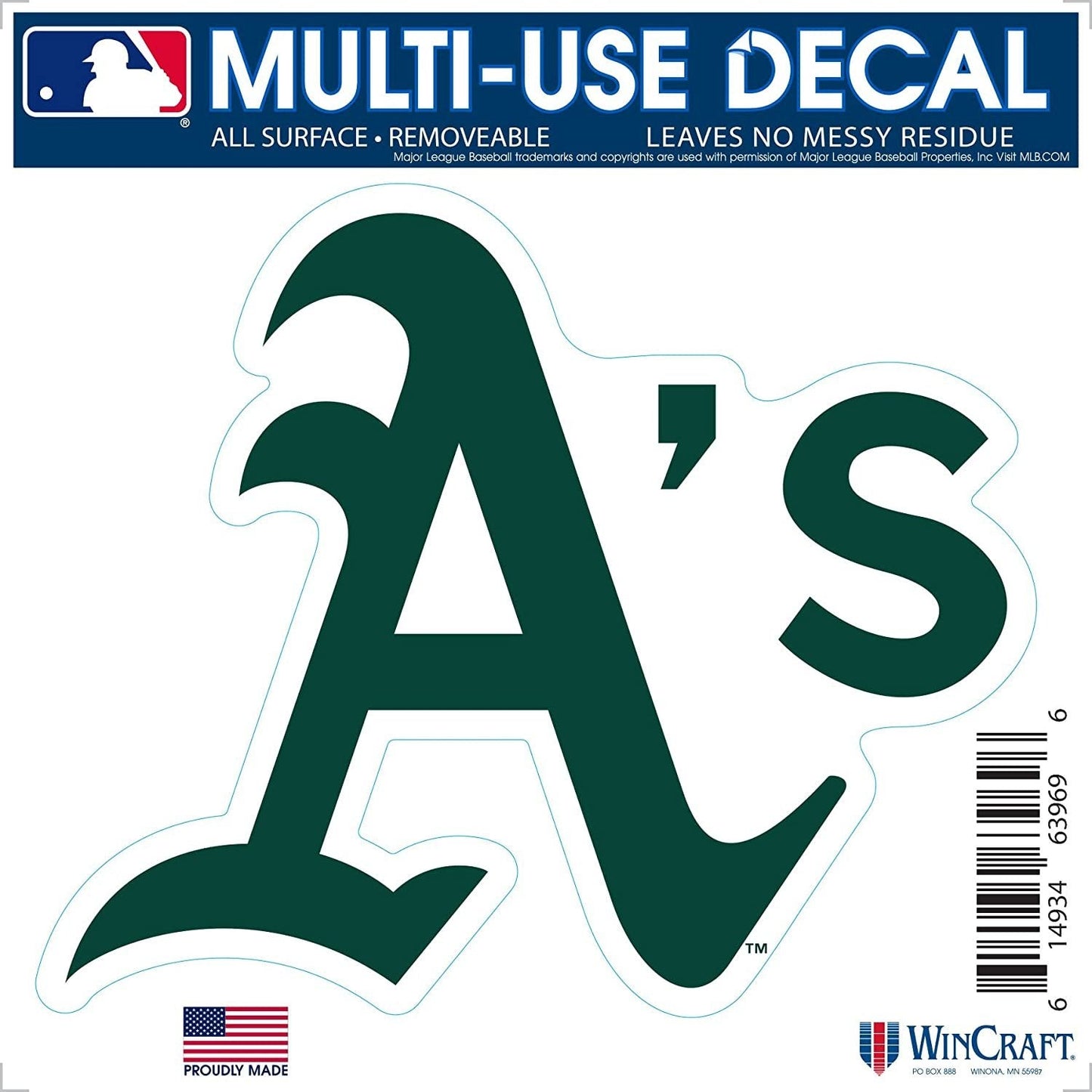 Oakland Athletics A's 6 Inch Decal Sticker, Flat Vinyl, Die Cut, Primary Design, Full Adhesive Backing