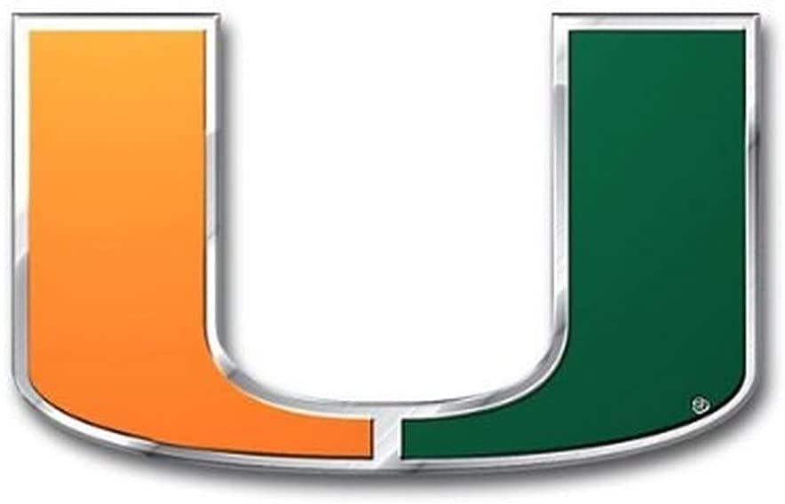 University of Miami Hurricanes Auto Emblem, Aluminum Metal, Embossed Team Color, Raised Decal Sticker, Full Adhesive Backing
