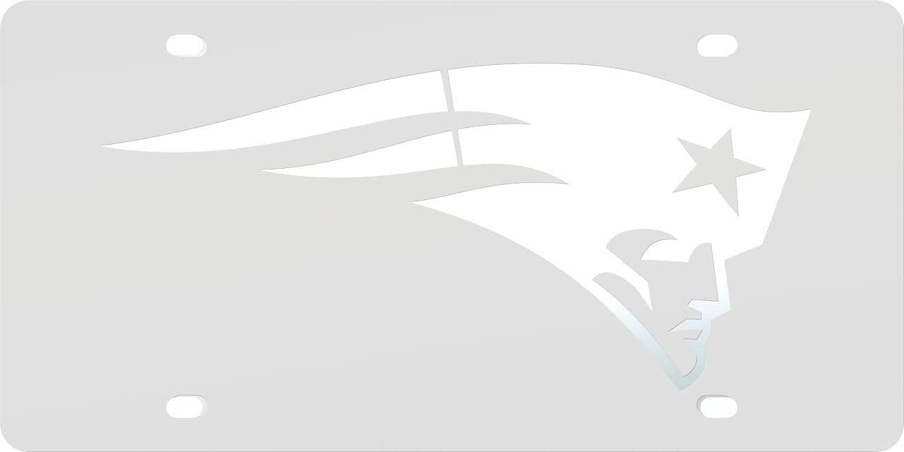 New England Patriots Premium Laser Cut Tag License Plate, Frost Style, Mirrored Acrylic Inlaid, 12x6 Inch