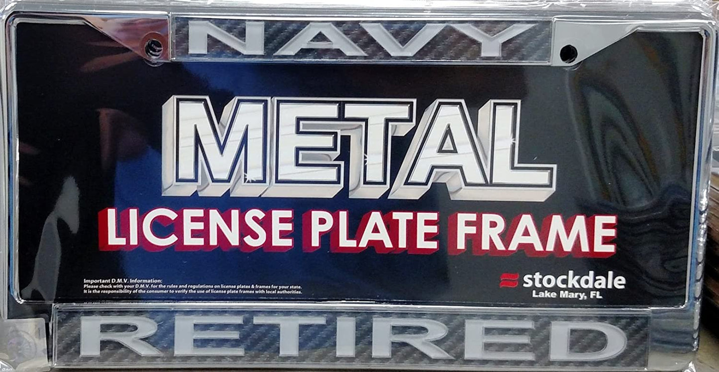 United States Navy Retired Military Chrome Metal License Plate Frame Tag Cover, Laser Acrylic Mirrored Inserts, 12x6 Inch