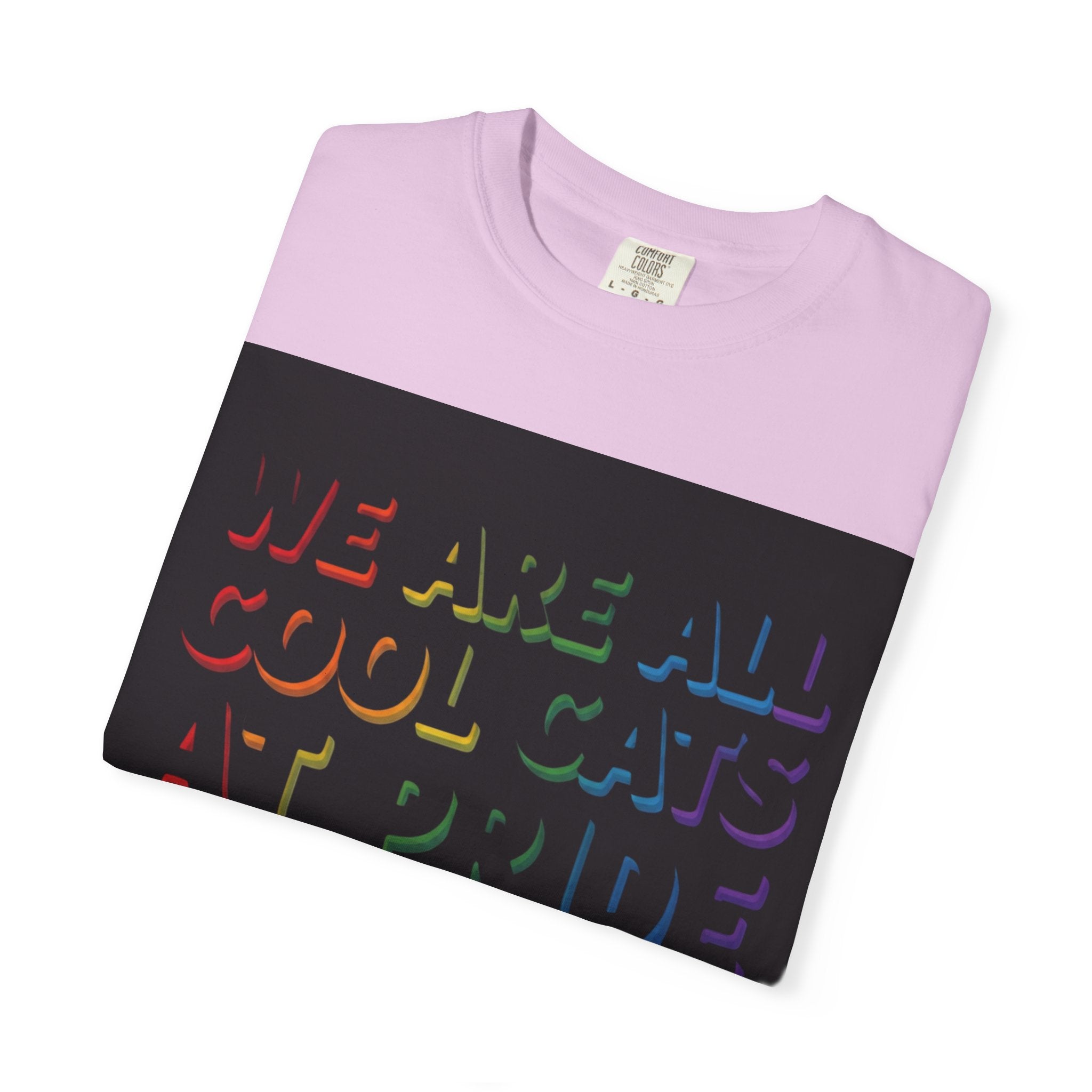Cool Cats T-Shirt — "We Are All Cool Cats at Pride" Rainbow Tee (Back: Be Kind Heart)