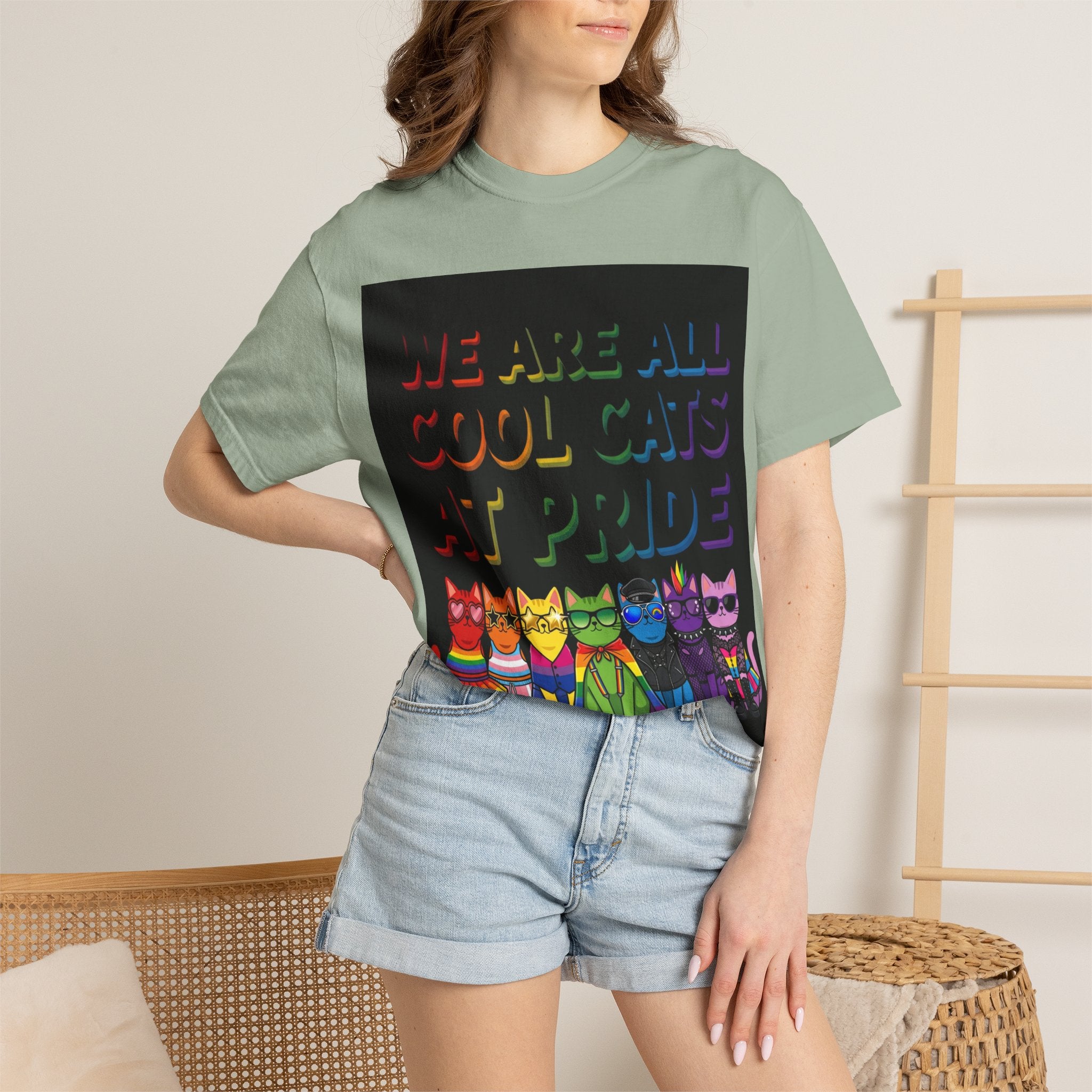 Cool Cats T-Shirt — "We Are All Cool Cats at Pride" Rainbow Tee (Back: Be Kind Heart)