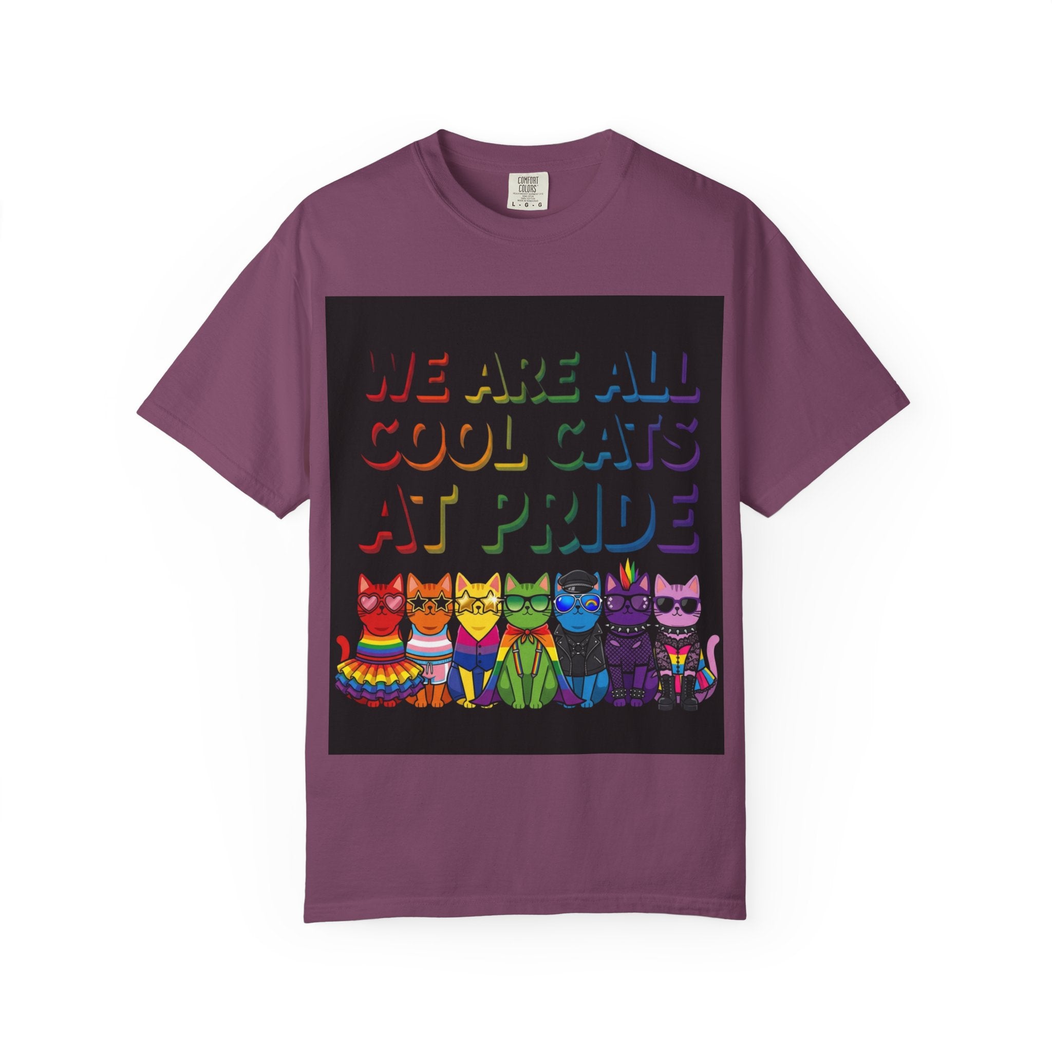 Cool Cats T-Shirt — "We Are All Cool Cats at Pride" Rainbow Tee (Back: Be Kind Heart)