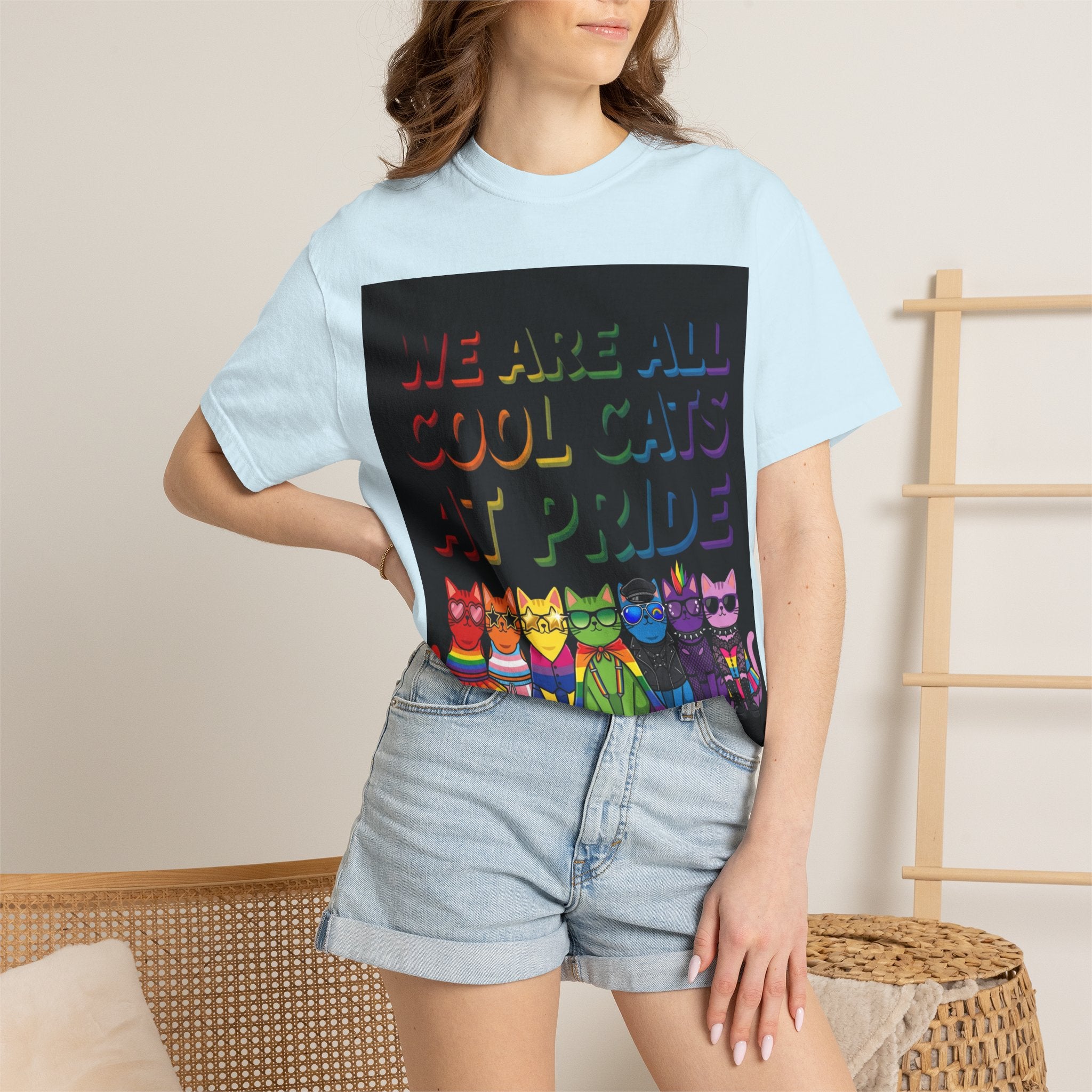 Cool Cats T-Shirt — "We Are All Cool Cats at Pride" Rainbow Tee (Back: Be Kind Heart)