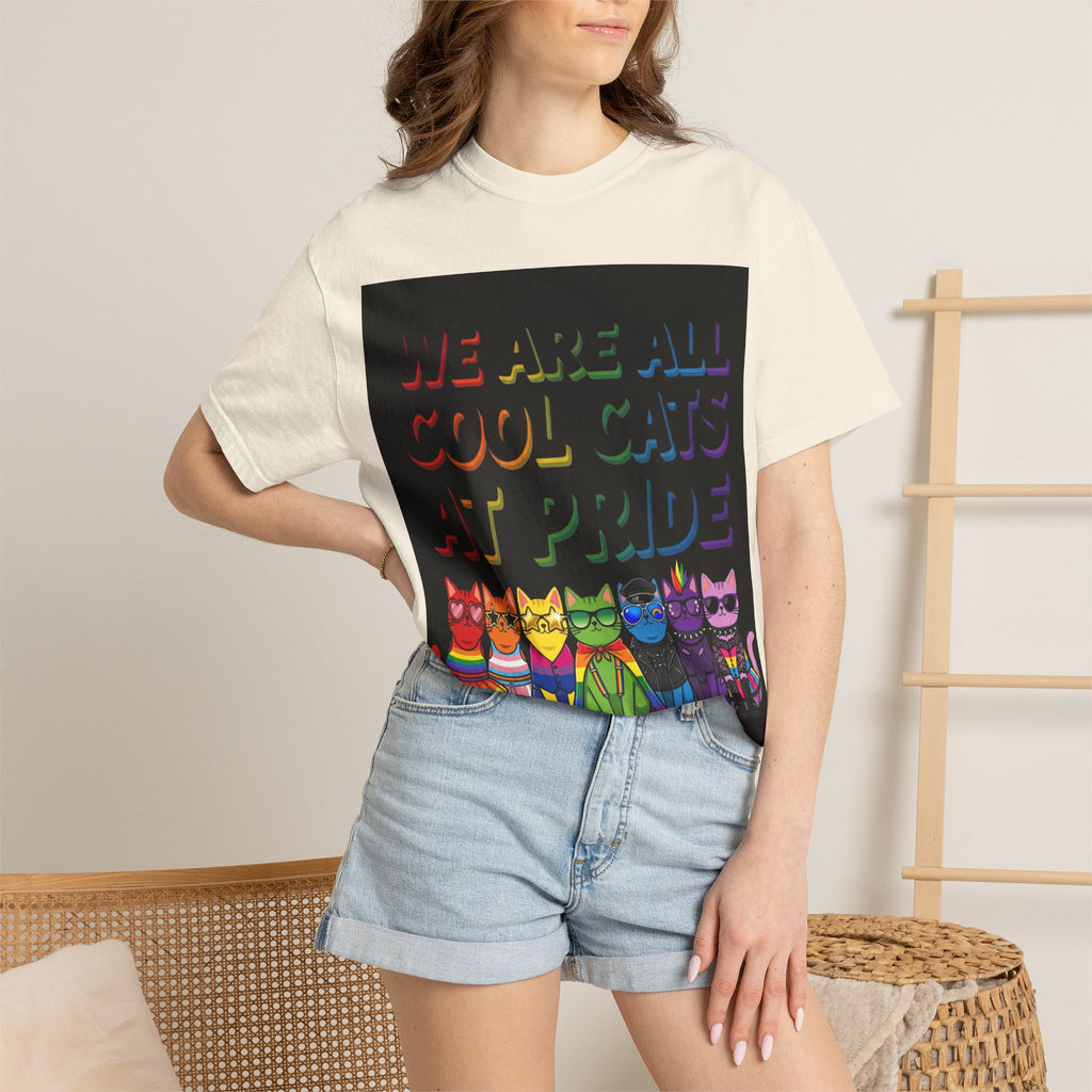 Cool Cats T-Shirt — "We Are All Cool Cats at Pride" Rainbow Tee (Back: Be Kind Heart)
