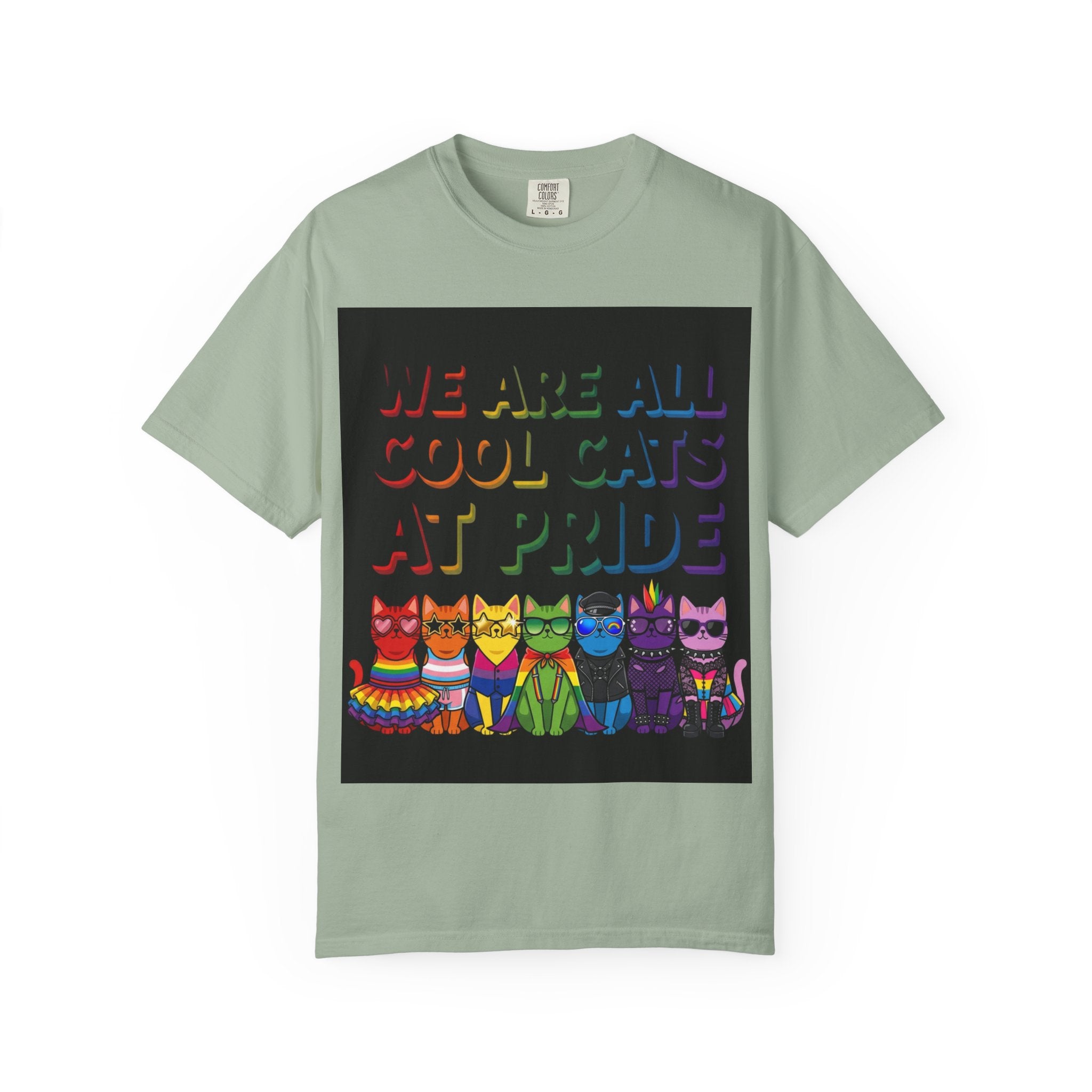 Cool Cats T-Shirt — "We Are All Cool Cats at Pride" Rainbow Tee (Back: Be Kind Heart)