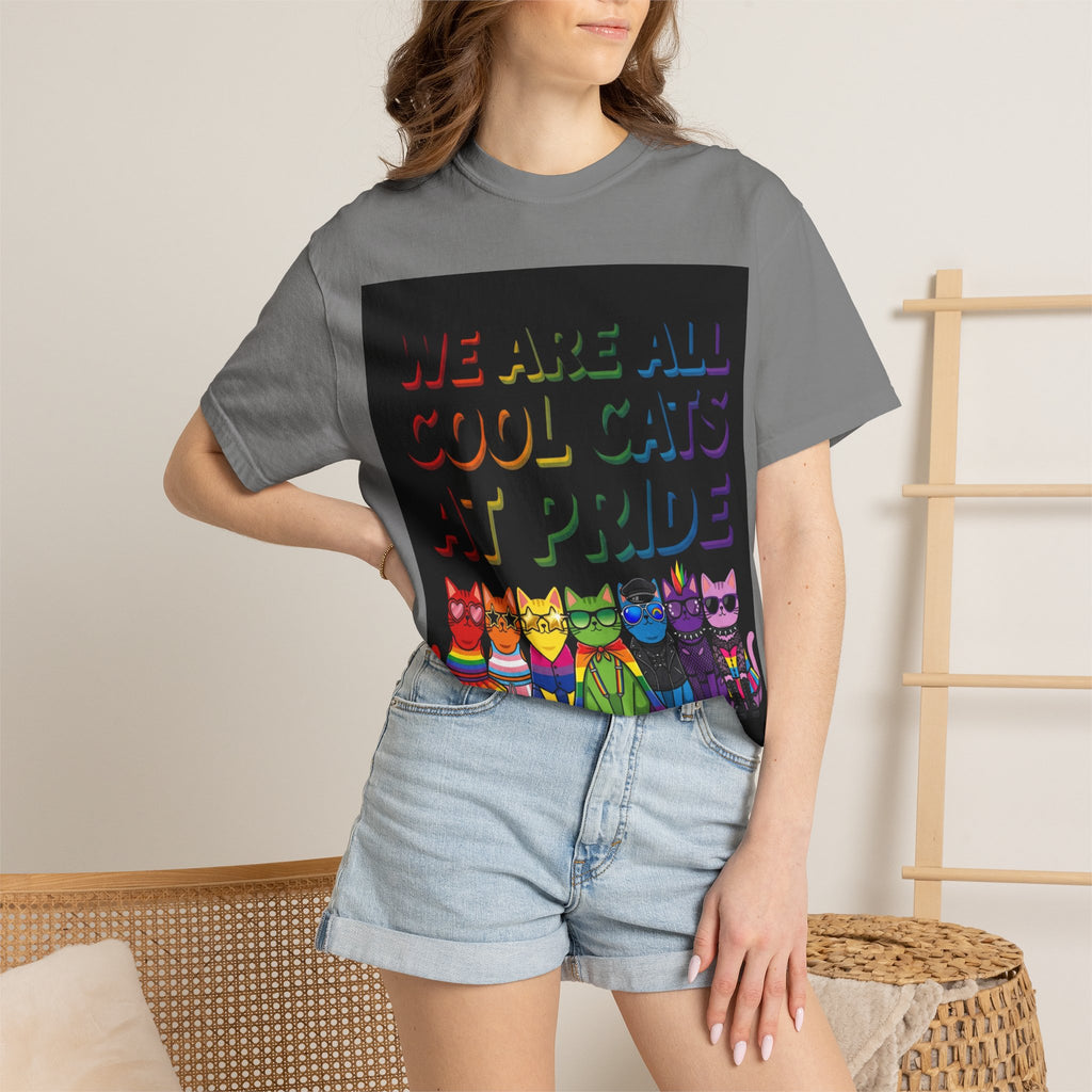 Cool Cats T-Shirt — "We Are All Cool Cats at Pride" Rainbow Tee (Back: Be Kind Heart)