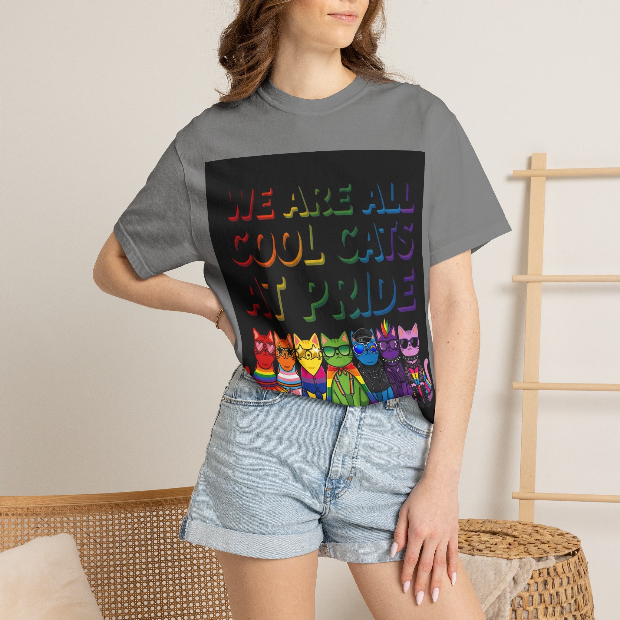 Cool Cats T-Shirt — "We Are All Cool Cats at Pride" Rainbow Tee (Back: Be Kind Heart)