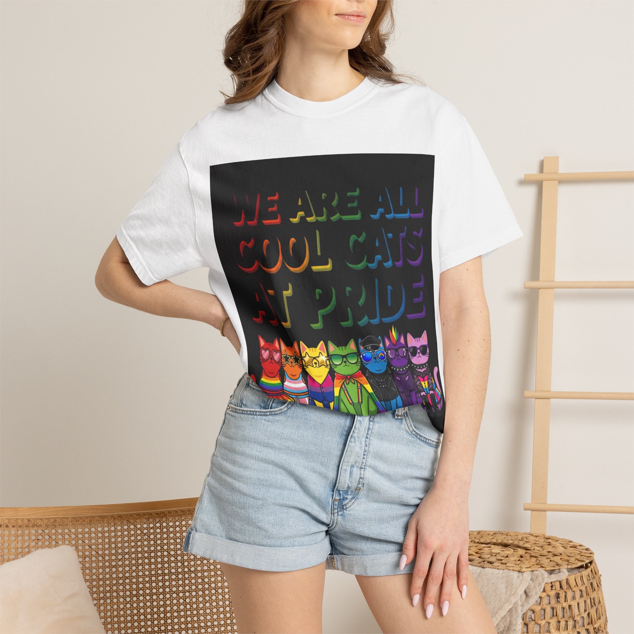 Cool Cats T-Shirt — "We Are All Cool Cats at Pride" Rainbow Tee (Back: Be Kind Heart)