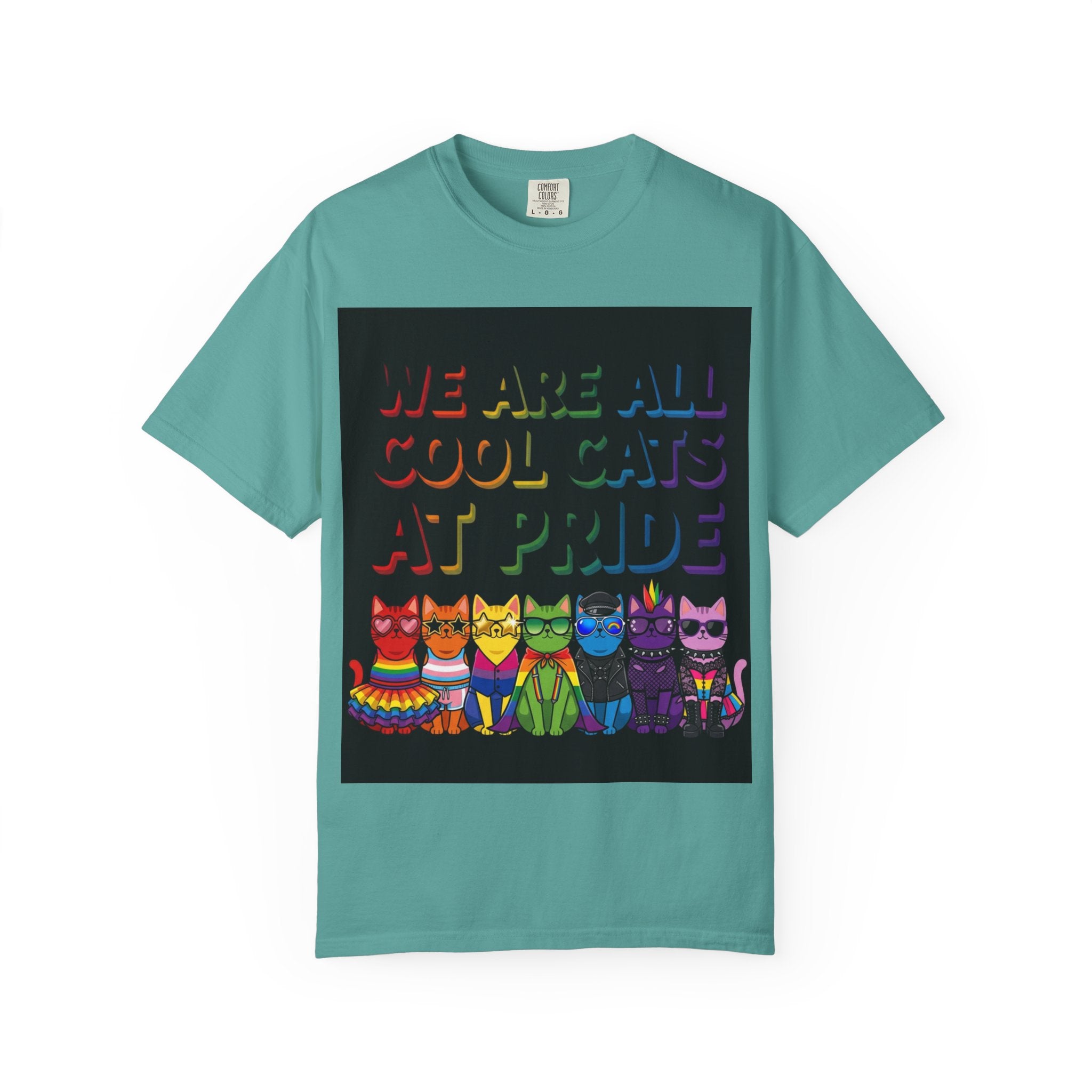 Cool Cats T-Shirt — "We Are All Cool Cats at Pride" Rainbow Tee (Back: Be Kind Heart)