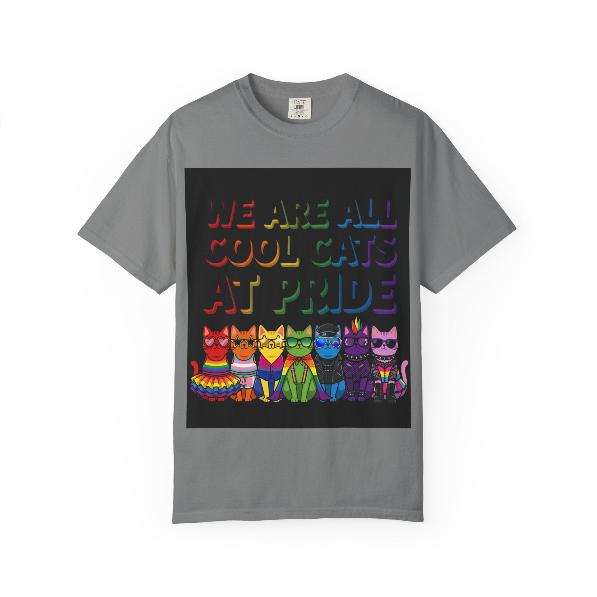 Cool Cats T-Shirt — "We Are All Cool Cats at Pride" Rainbow Tee (Back: Be Kind Heart)