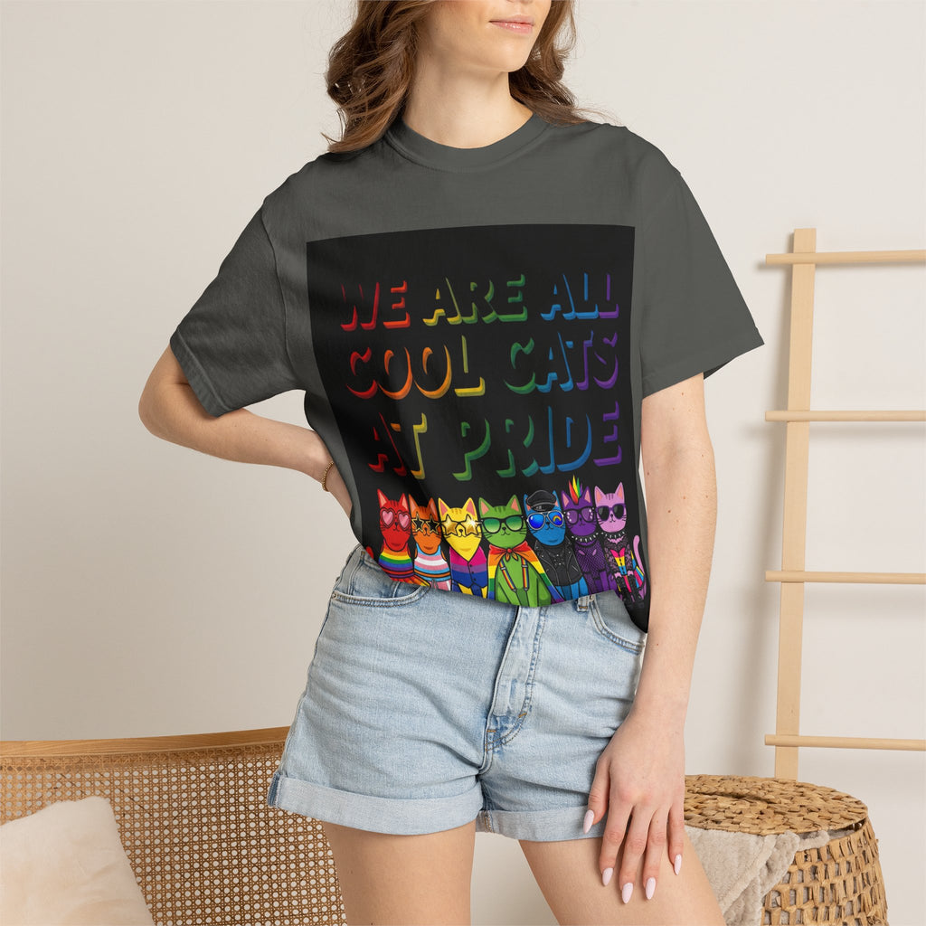 Cool Cats T-Shirt — "We Are All Cool Cats at Pride" Rainbow Tee (Back: Be Kind Heart)
