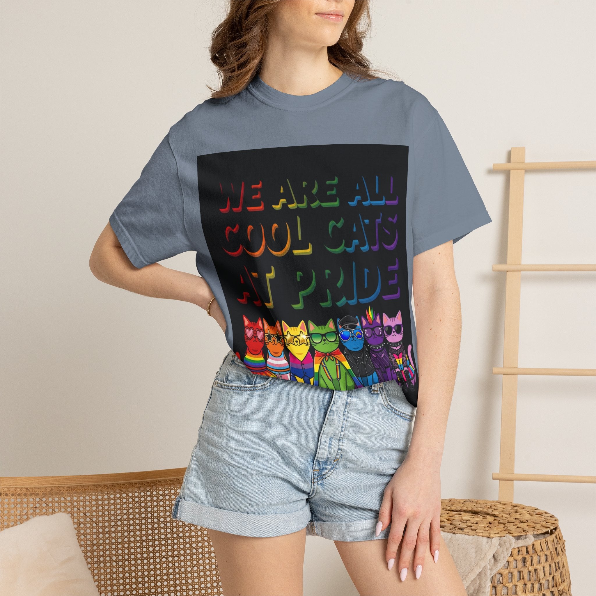 Cool Cats T-Shirt — "We Are All Cool Cats at Pride" Rainbow Tee (Back: Be Kind Heart)