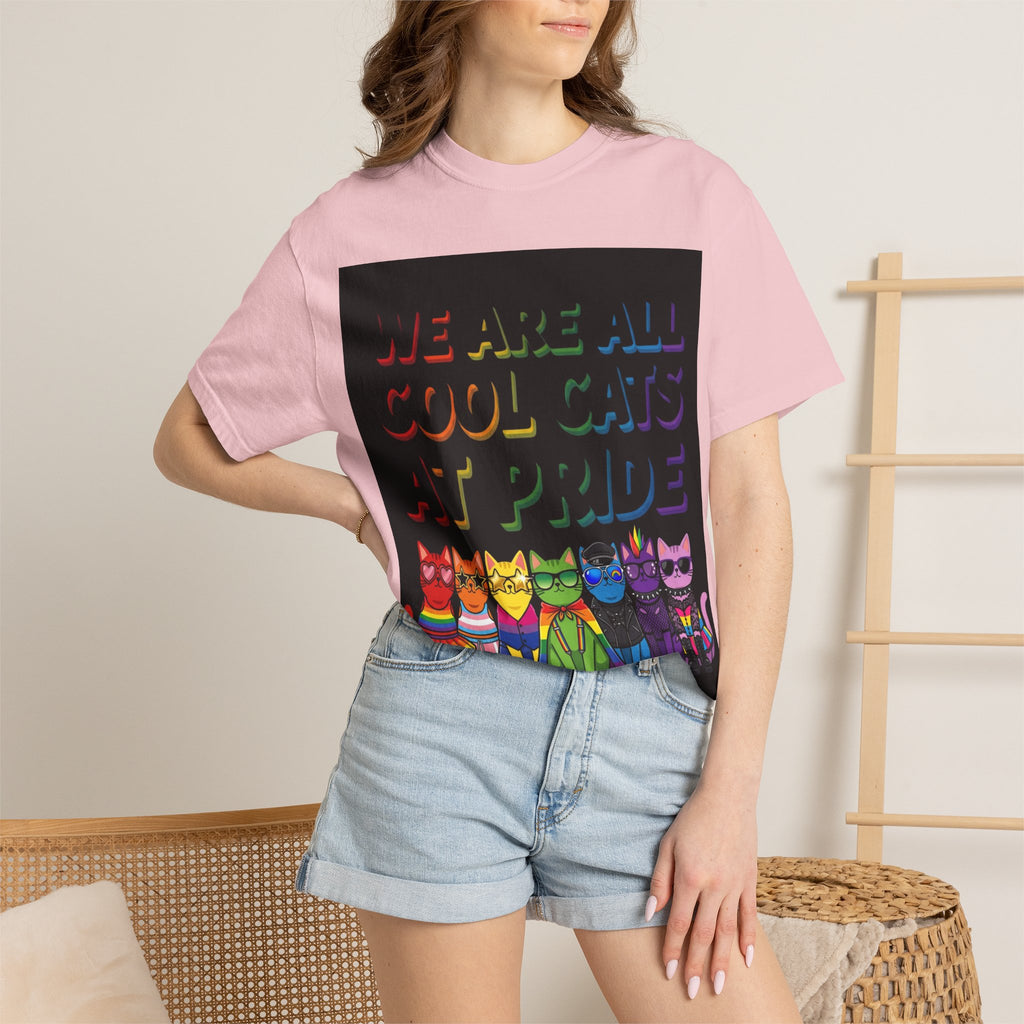 Cool Cats T-Shirt — "We Are All Cool Cats at Pride" Rainbow Tee (Back: Be Kind Heart)