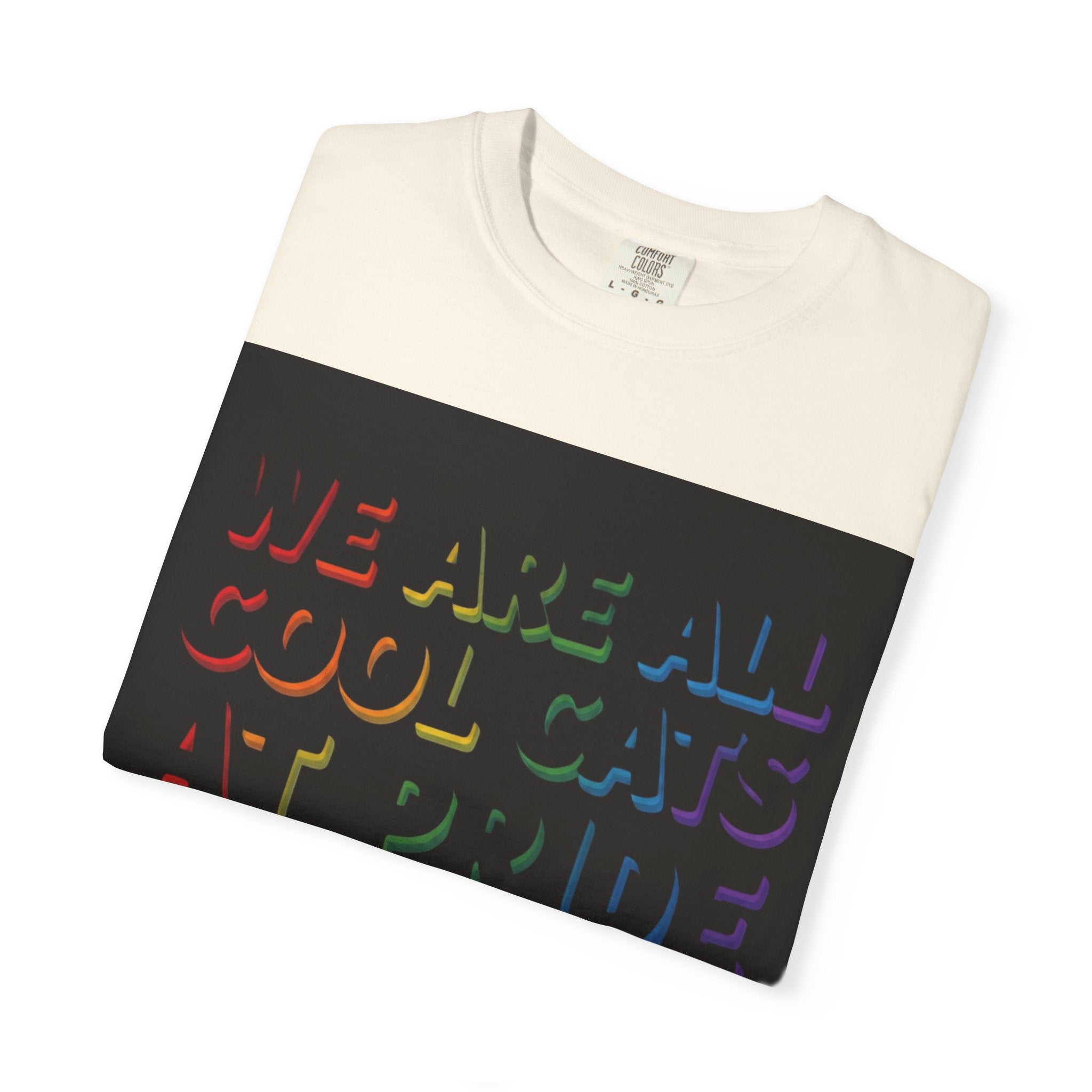Cool Cats T-Shirt — "We Are All Cool Cats at Pride" Rainbow Tee (Back: Be Kind Heart)