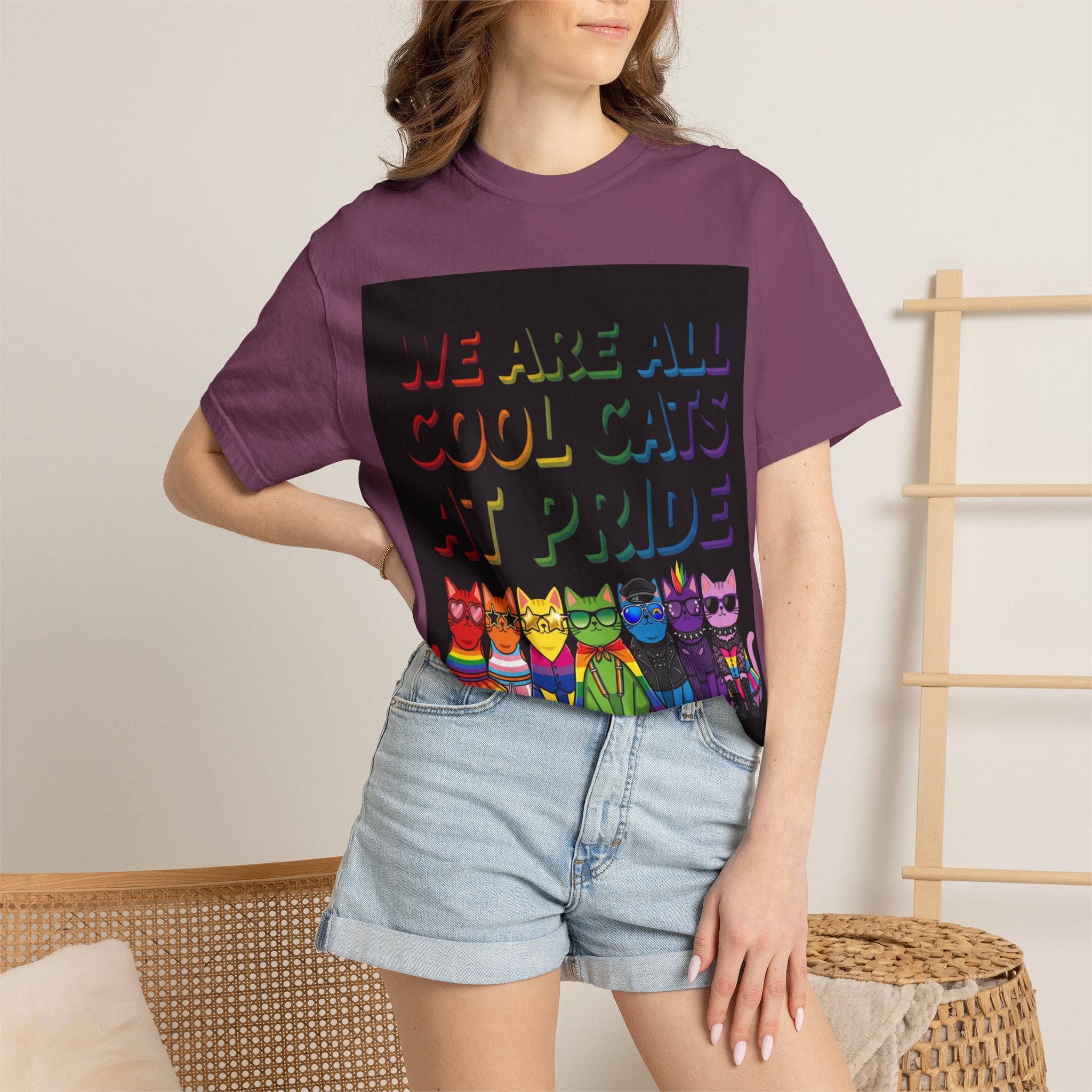 Cool Cats T-Shirt — "We Are All Cool Cats at Pride" Rainbow Tee (Back: Be Kind Heart)