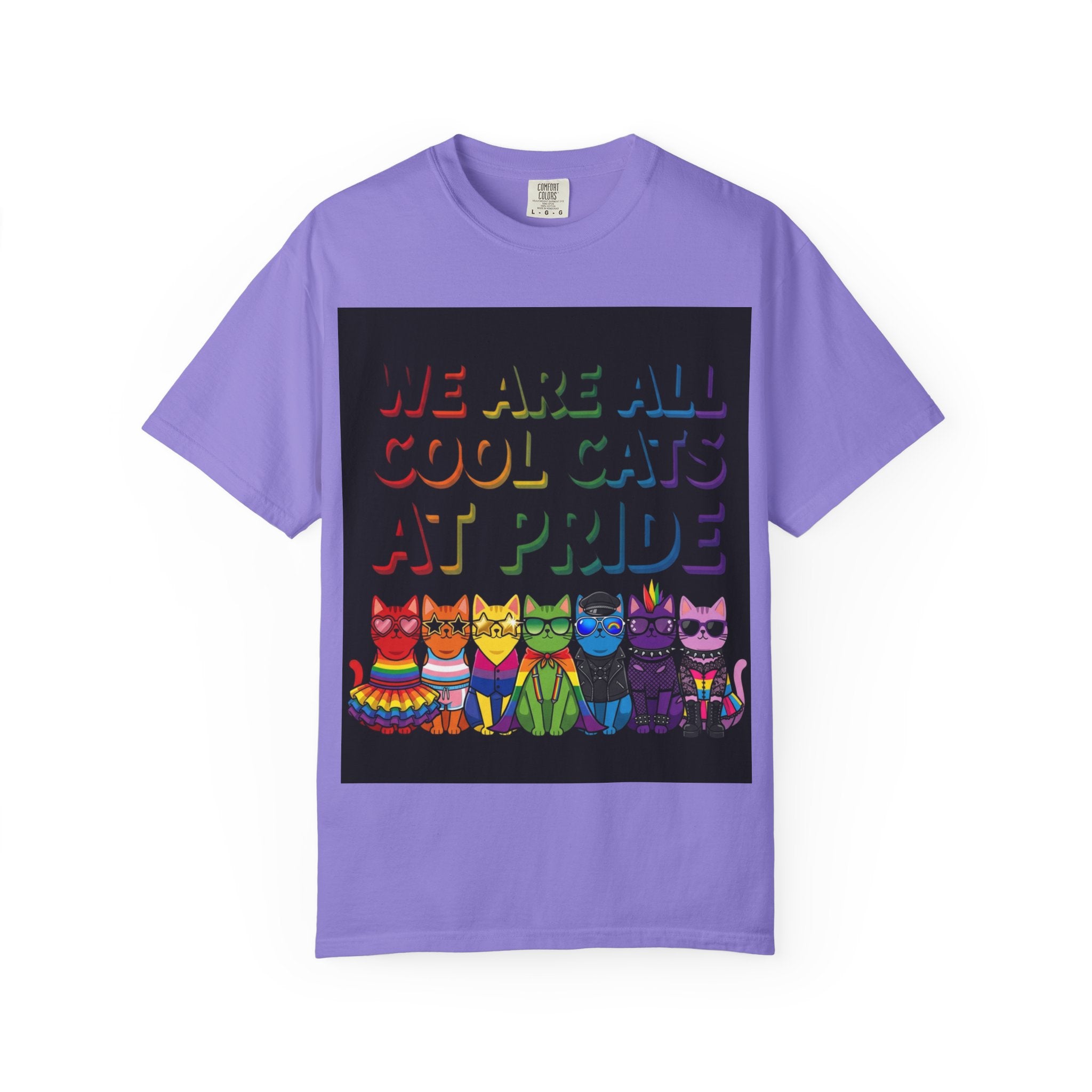 Cool Cats T-Shirt — "We Are All Cool Cats at Pride" Rainbow Tee (Back: Be Kind Heart)