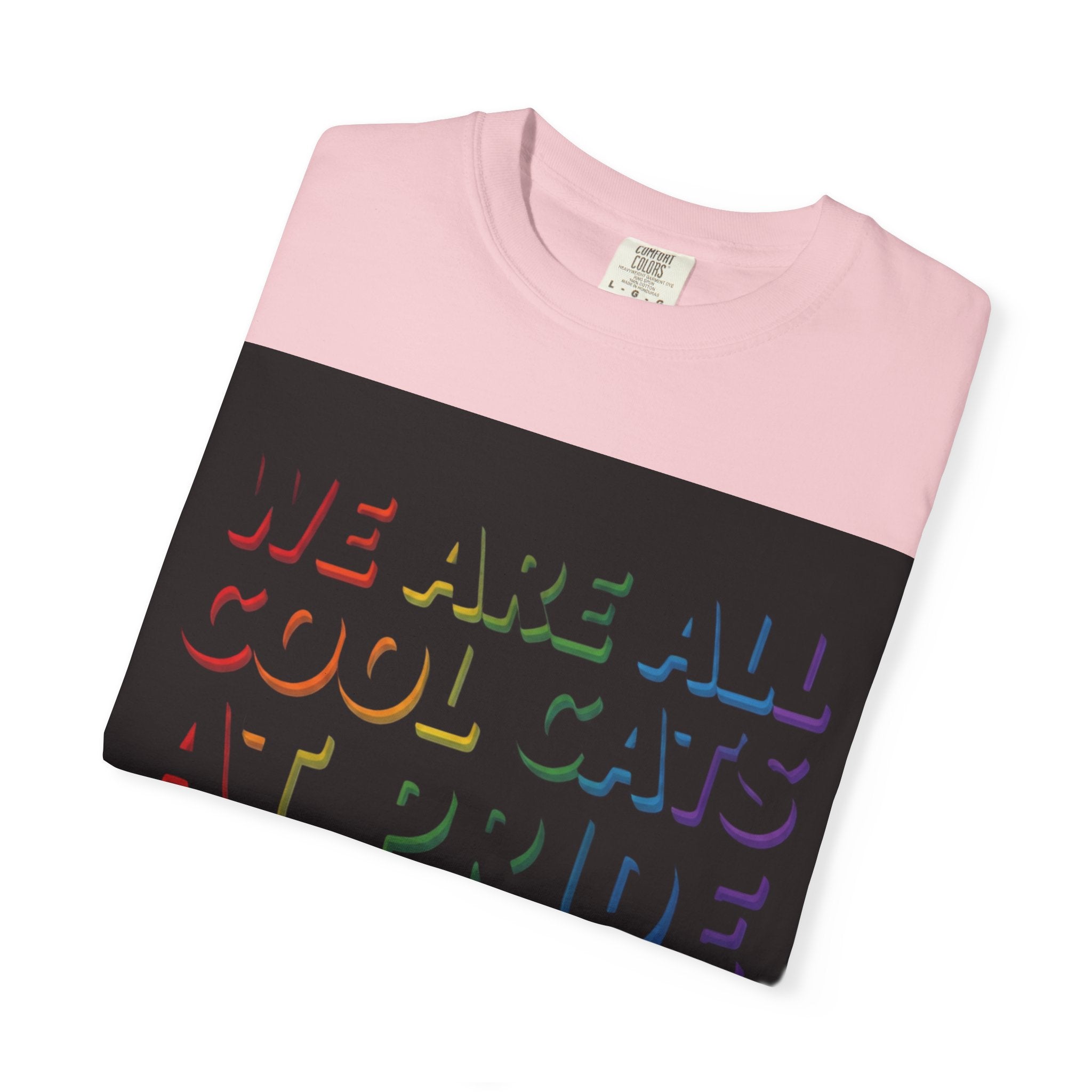 Cool Cats T-Shirt — "We Are All Cool Cats at Pride" Rainbow Tee (Back: Be Kind Heart)