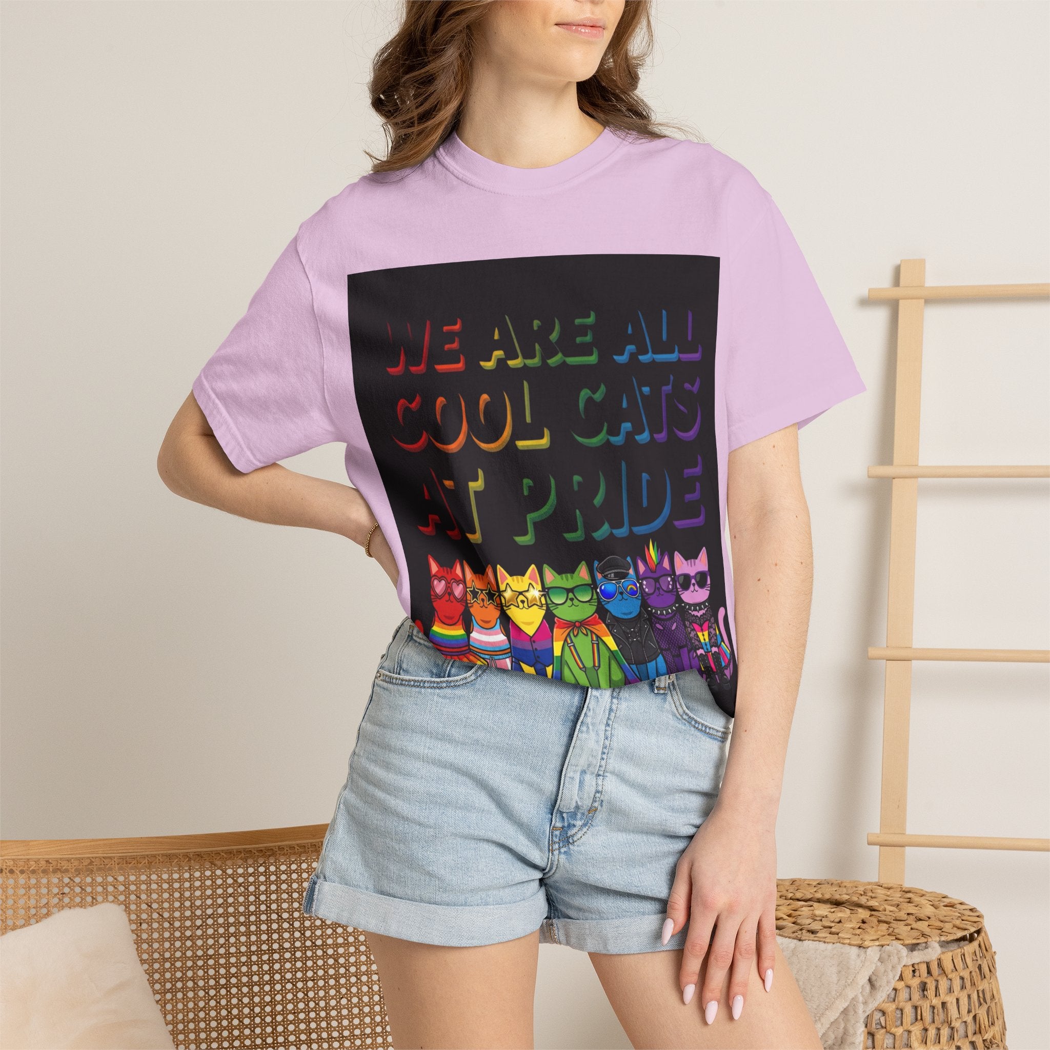 Cool Cats T-Shirt — "We Are All Cool Cats at Pride" Rainbow Tee (Back: Be Kind Heart)