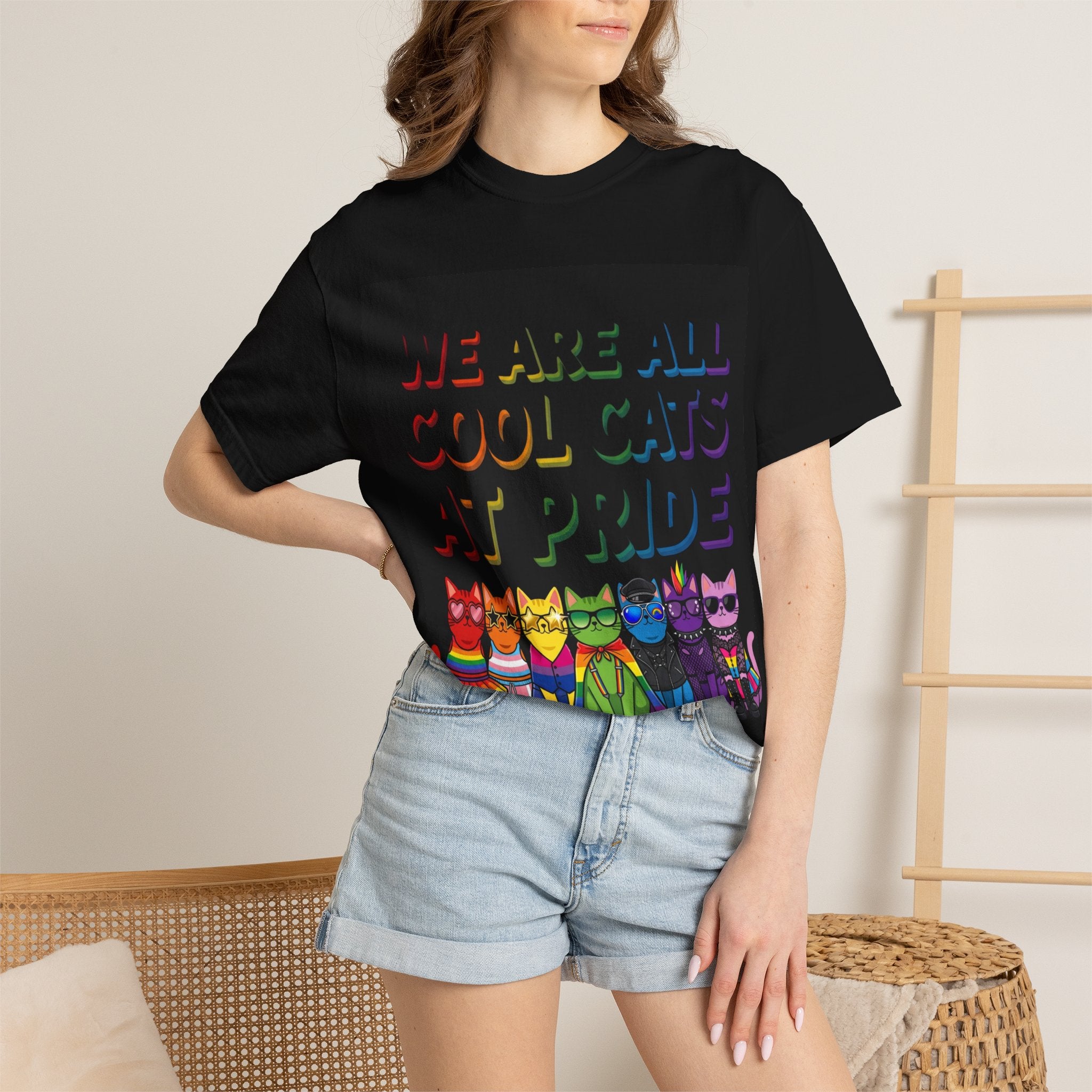 Cool Cats T-Shirt — "We Are All Cool Cats at Pride" Rainbow Tee (Back: Be Kind Heart)