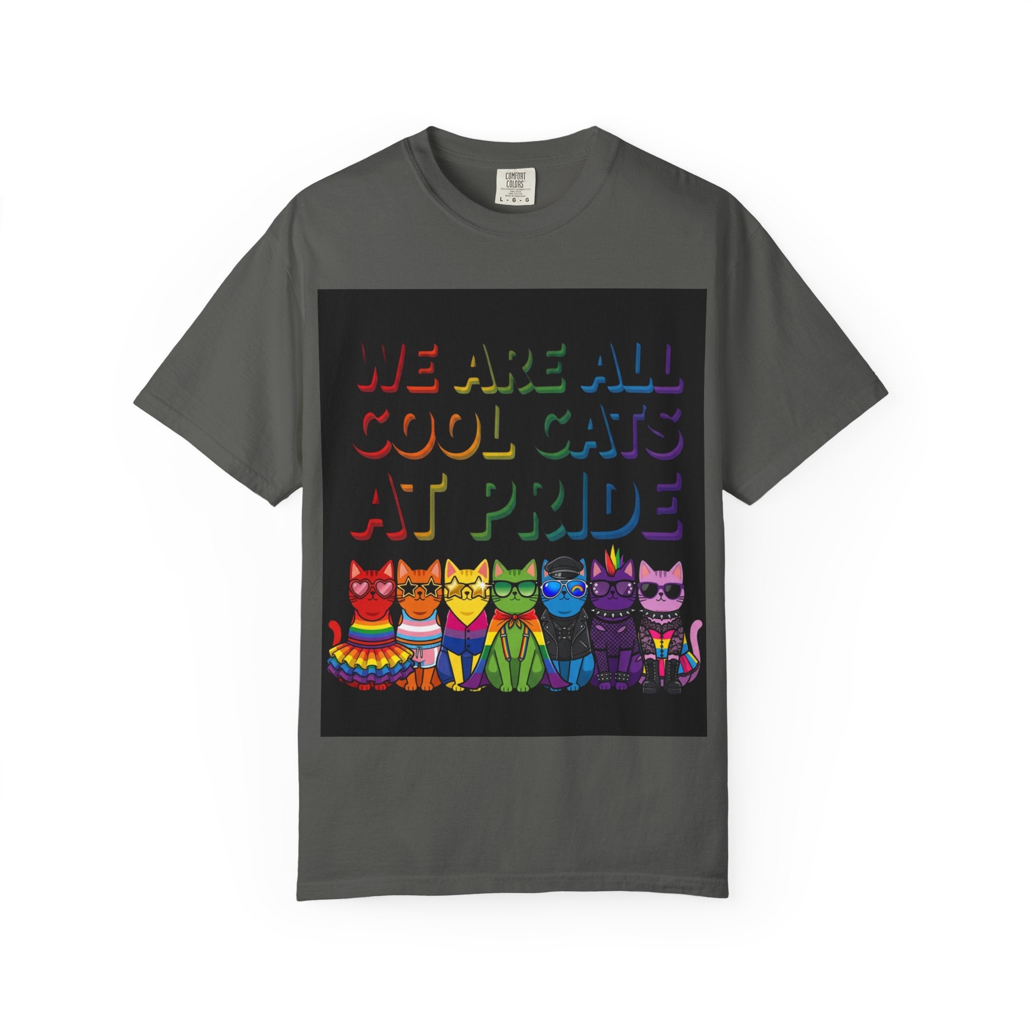 Cool Cats T-Shirt — "We Are All Cool Cats at Pride" Rainbow Tee (Back: Be Kind Heart)