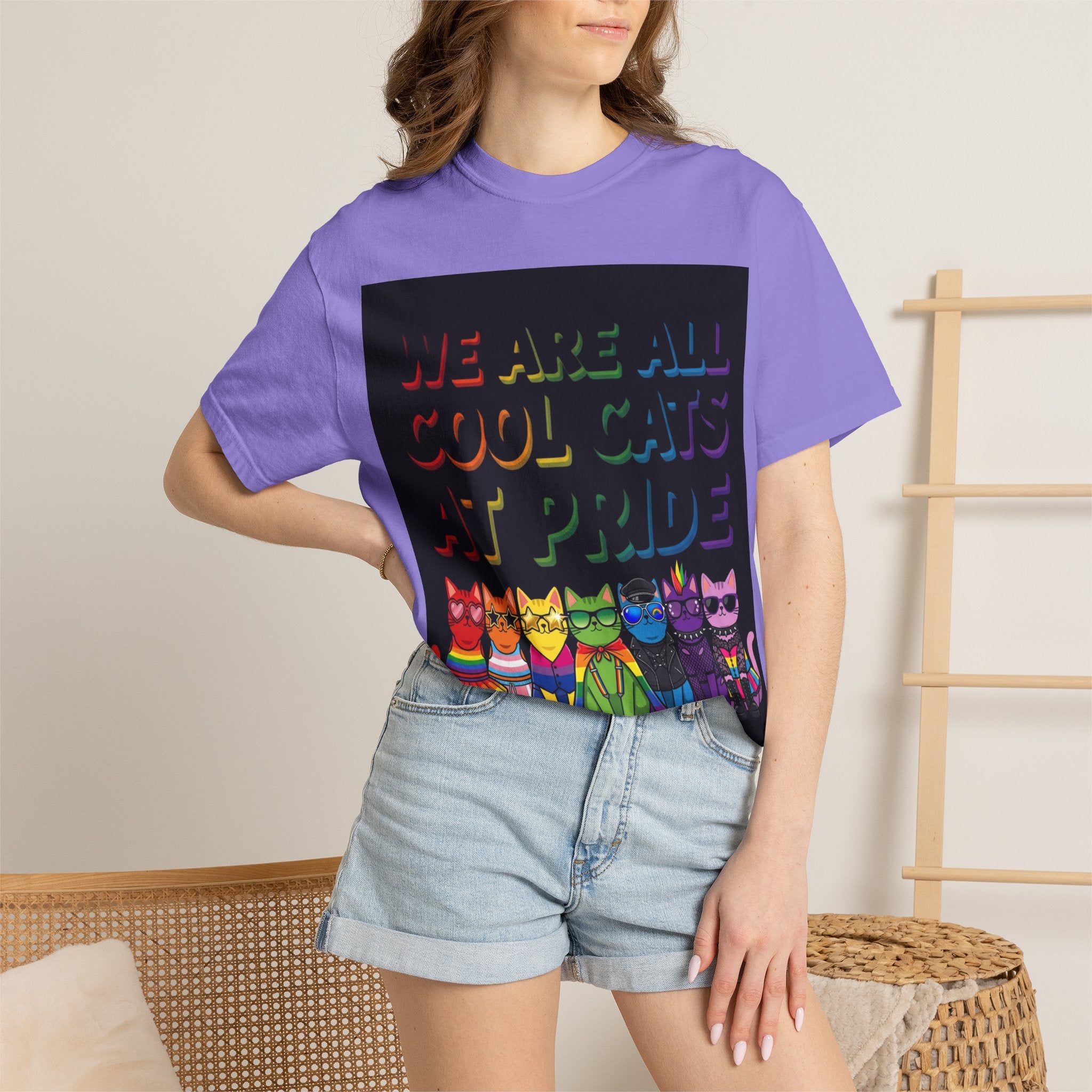 Cool Cats T-Shirt — "We Are All Cool Cats at Pride" Rainbow Tee (Back: Be Kind Heart)