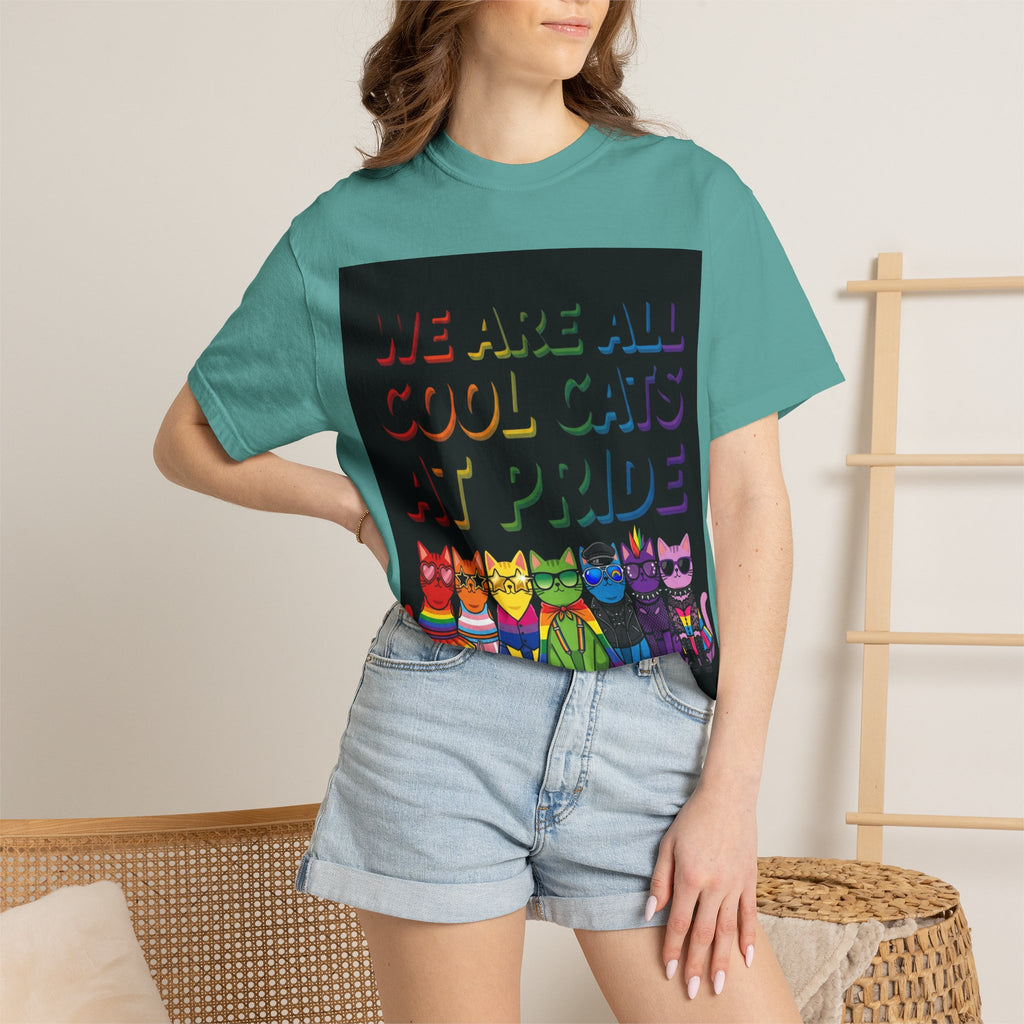 Cool Cats T-Shirt — "We Are All Cool Cats at Pride" Rainbow Tee (Back: Be Kind Heart)