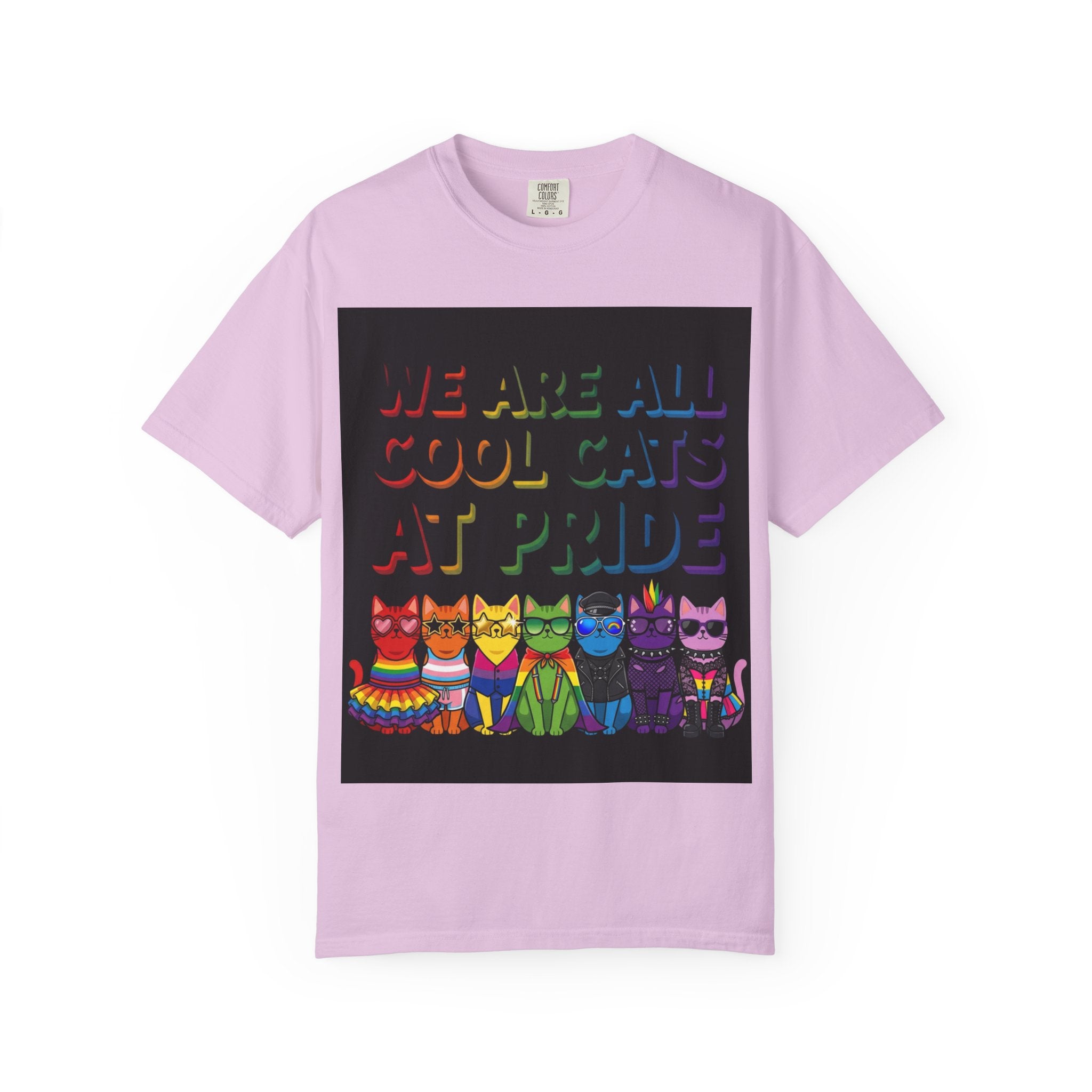 Cool Cats T-Shirt — "We Are All Cool Cats at Pride" Rainbow Tee (Back: Be Kind Heart)