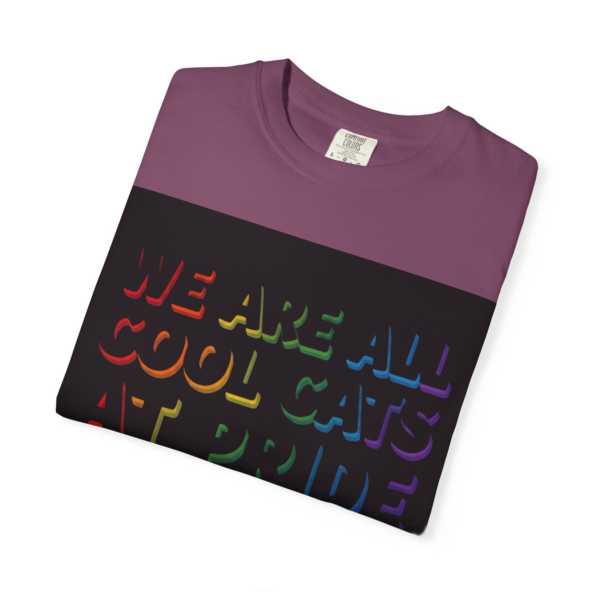 Cool Cats T-Shirt — "We Are All Cool Cats at Pride" Rainbow Tee (Back: Be Kind Heart)