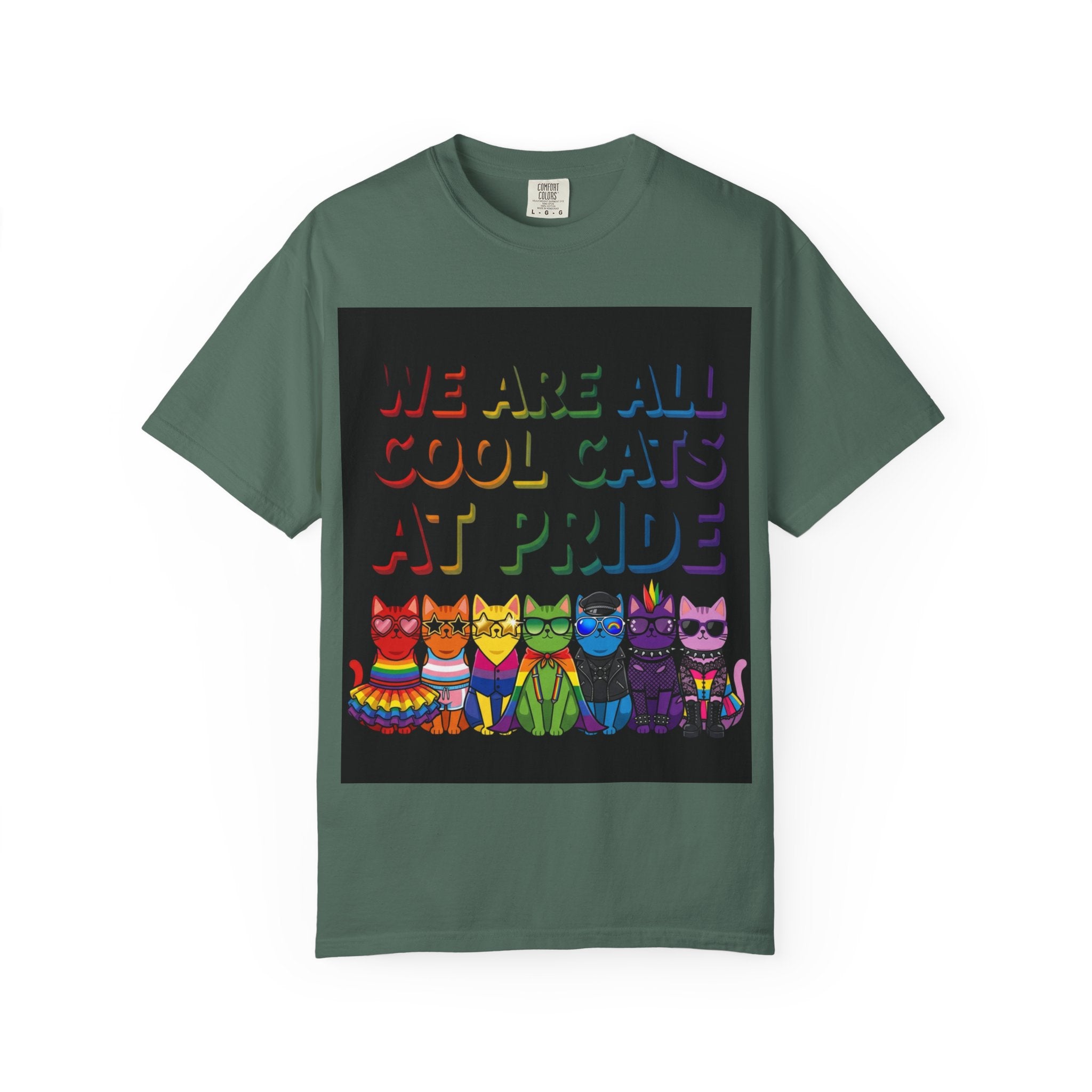 Cool Cats T-Shirt — "We Are All Cool Cats at Pride" Rainbow Tee (Back: Be Kind Heart)