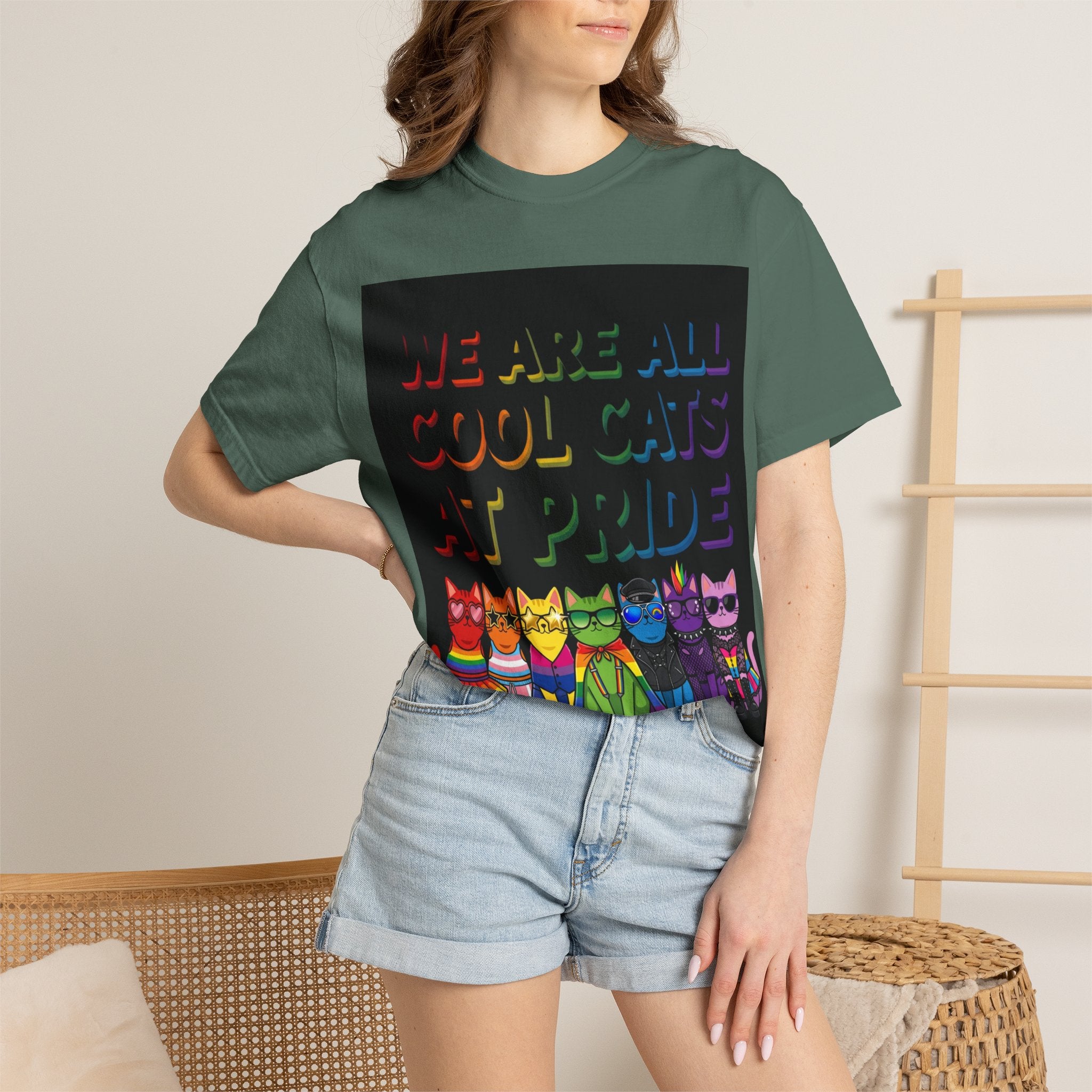 Cool Cats T-Shirt — "We Are All Cool Cats at Pride" Rainbow Tee (Back: Be Kind Heart)