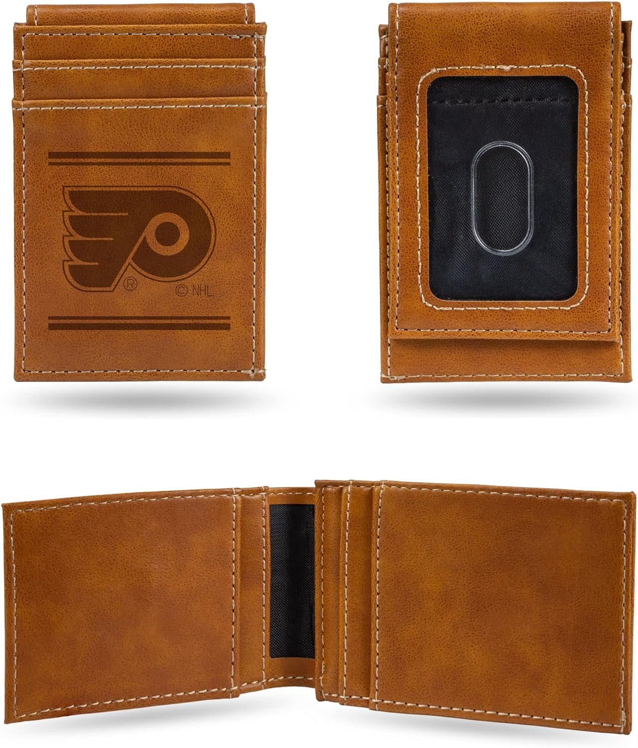 Rico Industries NHL Philadelphia Flyers Premium Laser Engraved Vegan Brown Leather Front Pocket Wallet - Compact and Slim yet Sturdy Design - Perfect to Show Your Team Pride or Gift