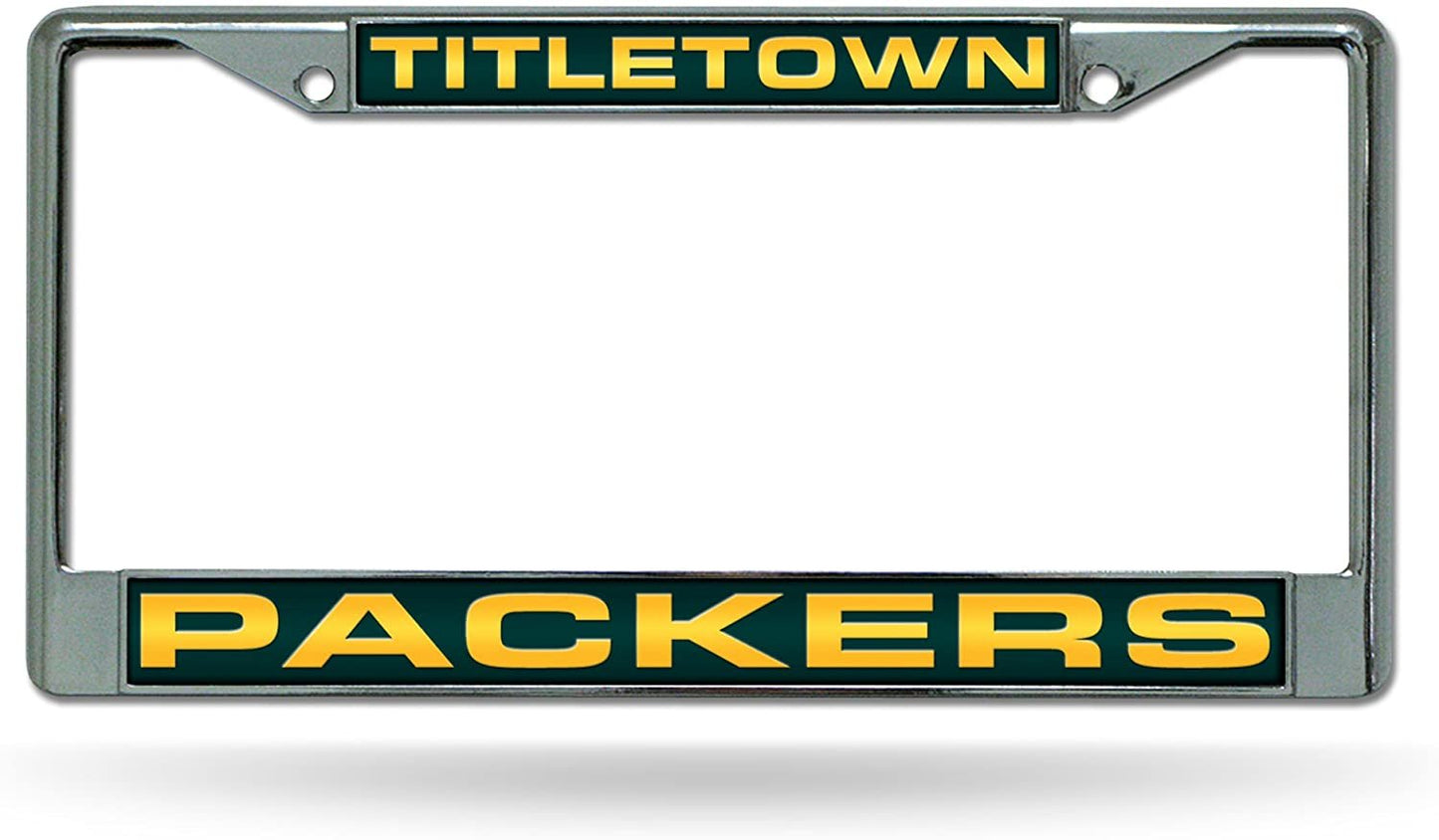 Green Bay Packers Titletown Chrome Metal License Plate Frame Tag Cover, Laser Acrylic Mirrored Inserts, 12x6 Inch