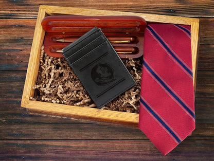 Florida State University Seminoles Premium Black Leather Wallet, Front Pocket Magnetic Money Clip, Laser Engraved, Vegan