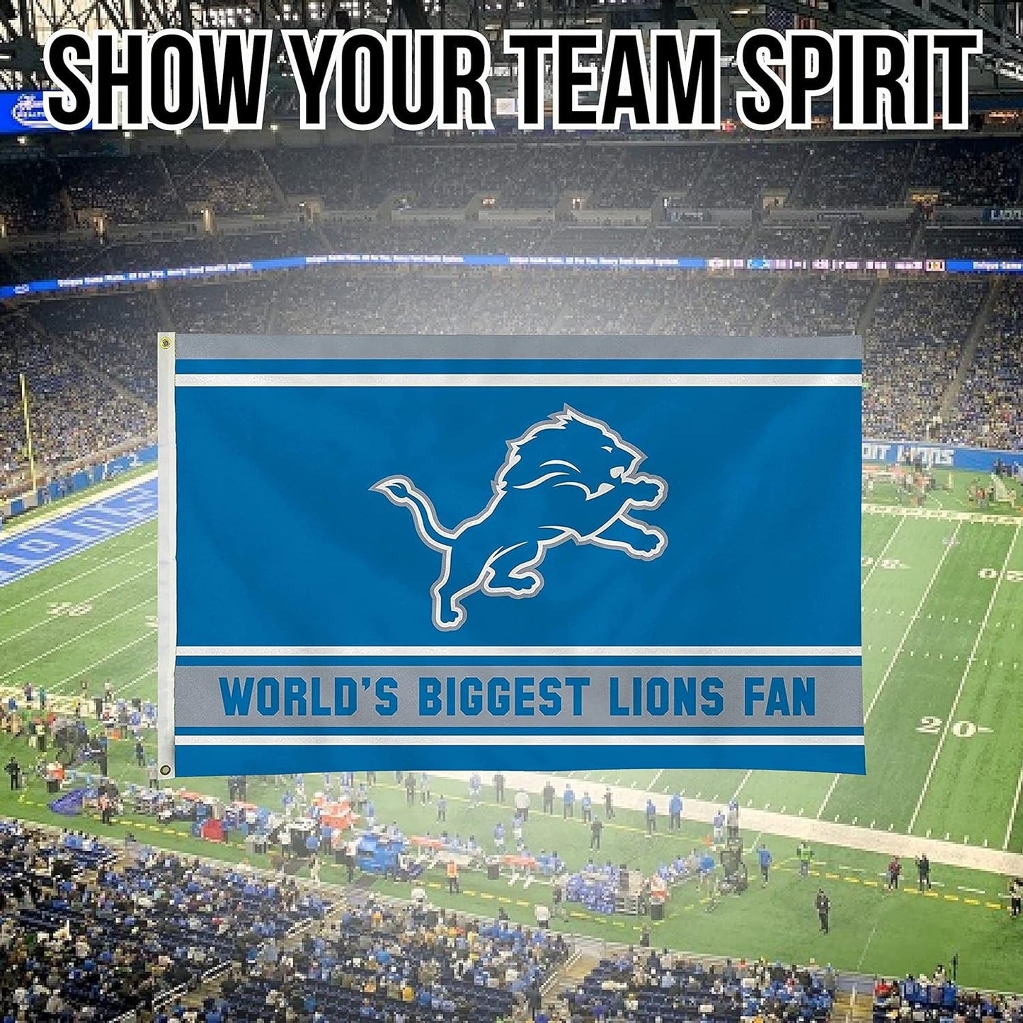 Detroit Lions 3x5 Feet Flag Banner, World's Biggest Fan, Metal Grommets, Single Sided, Indoor or Outdoor Use