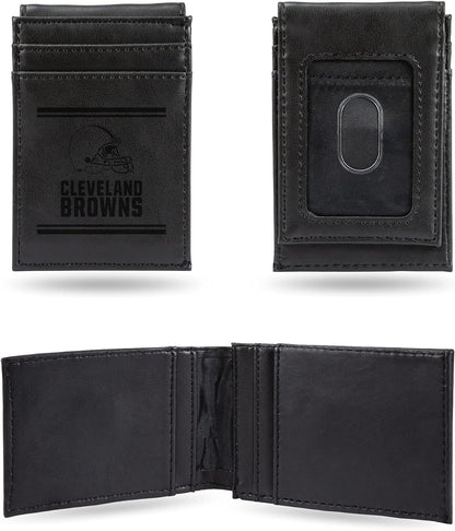 Cleveland Browns Premium Black Leather Wallet, Front Pocket Magnetic Money Clip, Laser Engraved, Vegan
