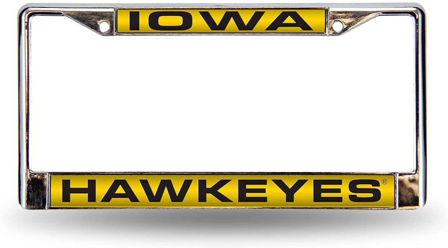 University of Iowa Hawkeyes Metal License Plate Frame Chrome Tag Cover, Laser Acrylic Mirrored Inserts, 12x6 Inch