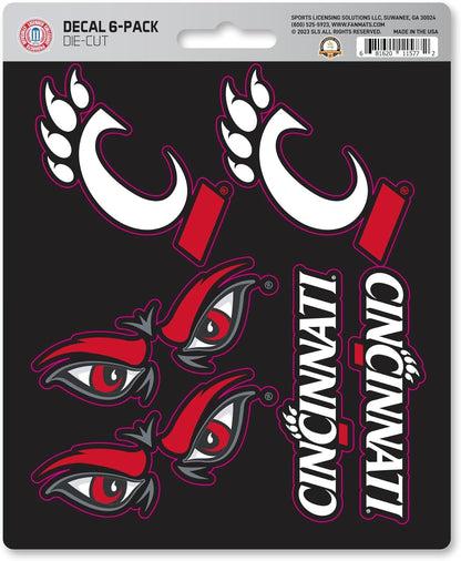 University of Cincinnati Bearcats 6-Piece Decal Sticker Set, 5x6 Inch Sheet, Gift for football fans for any hard surfaces around home, automotive, personal items