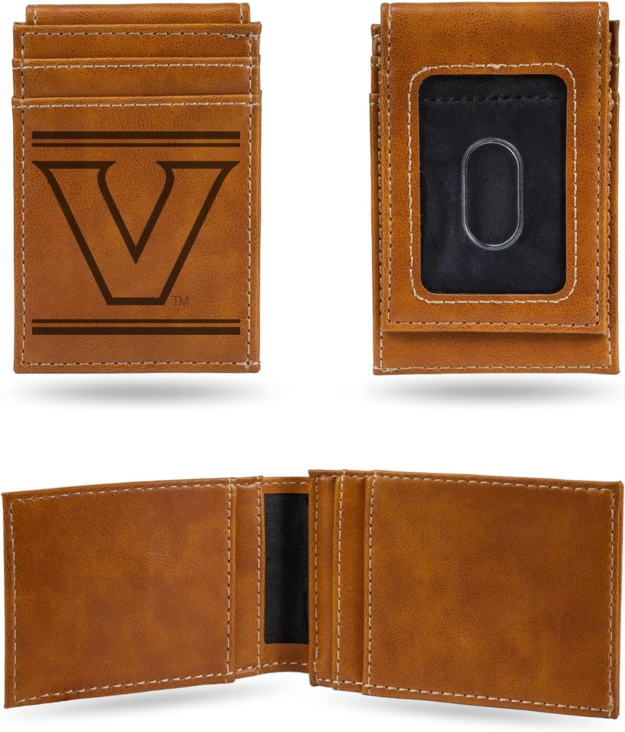 Vanderbilt University Commodores Premium Brown Leather Wallet, Front Pocket Magnetic Money Clip, Laser Engraved, Vegan