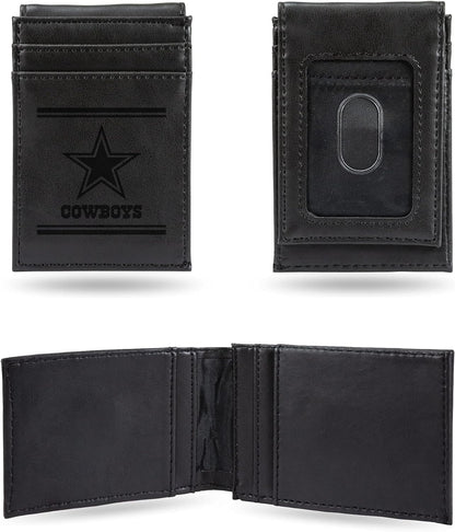 Dallas Cowboys Premium Black Leather Wallet, Front Pocket Magnetic Money Clip, Laser Engraved, Vegan