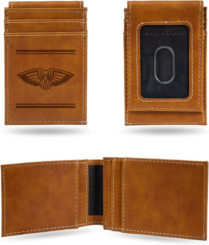 NBA New Orleans Pelicans Premium Laser Engraved Vegan Brown Leather Front Pocket Wallet - Compact and Slim yet Sturdy Design - Perfect to Show Your Team Pride or Gift