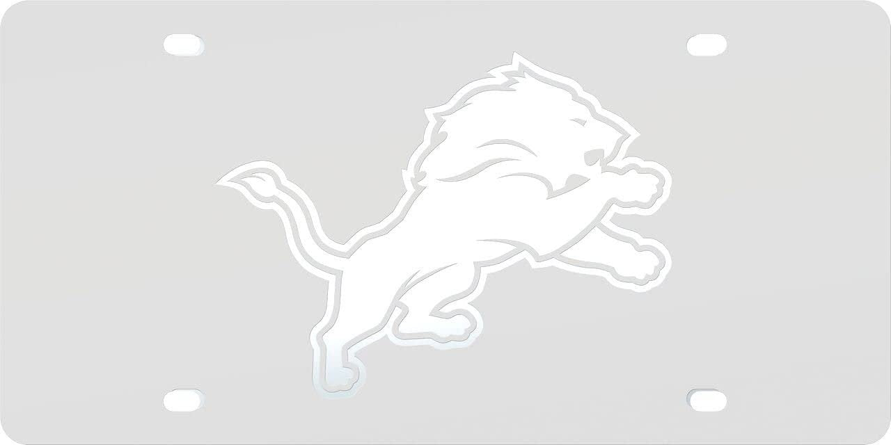 Detroit Lions Premium Laser Cut Tag License Plate, Frost Design, Mirrored Acrylic Inlaid, 6x12 Inch