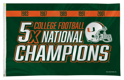 University of Miami Hurricanes Premium 3x5 Foot Flag Banner, 5-Time Champions, Metal Grommets, Indoor Outdoor, Single Sided