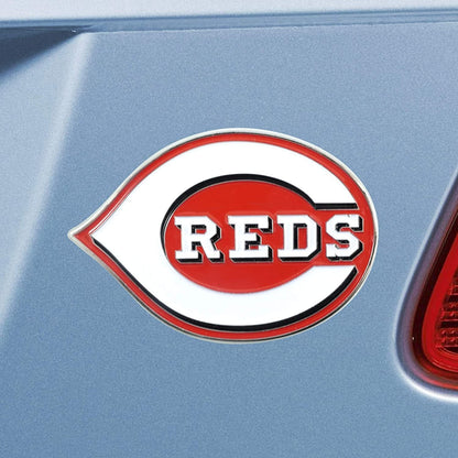 Cincinnati Reds Premium Solid Metal Raised Auto Emblem, Team Color, Shape Cut, Adhesive Backing