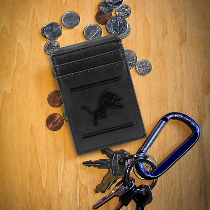Detroit Lions Premium Black Leather Wallet, Front Pocket Magnetic Money Clip, Laser Engraved, Vegan