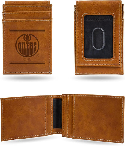 Rico Industries NHL Edmonton Oilers Premium Laser Engraved Vegan Brown Leather Front Pocket Wallet - Compact and Slim yet Sturdy Design - Perfect to Show Your Team Pride or Gift